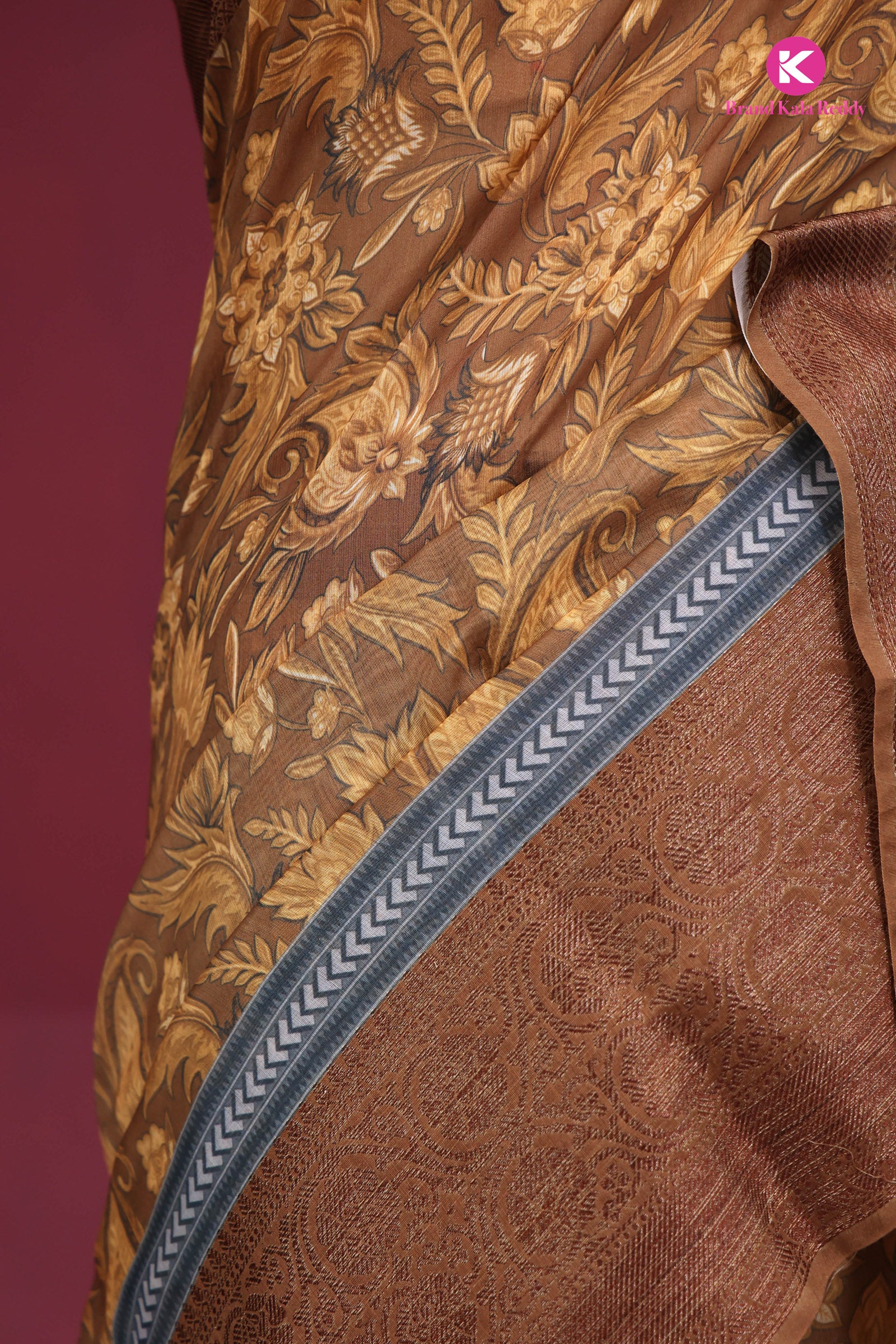 brown printed silk saree