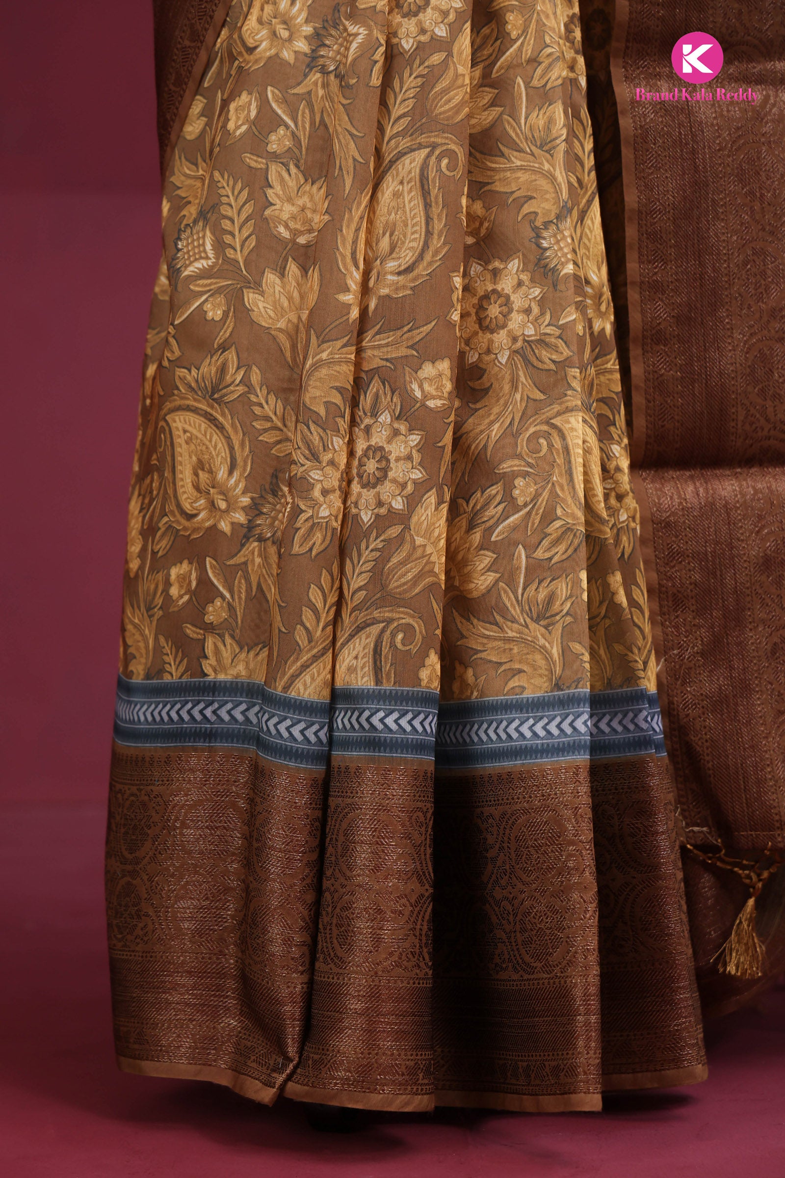 brown printed silk saree