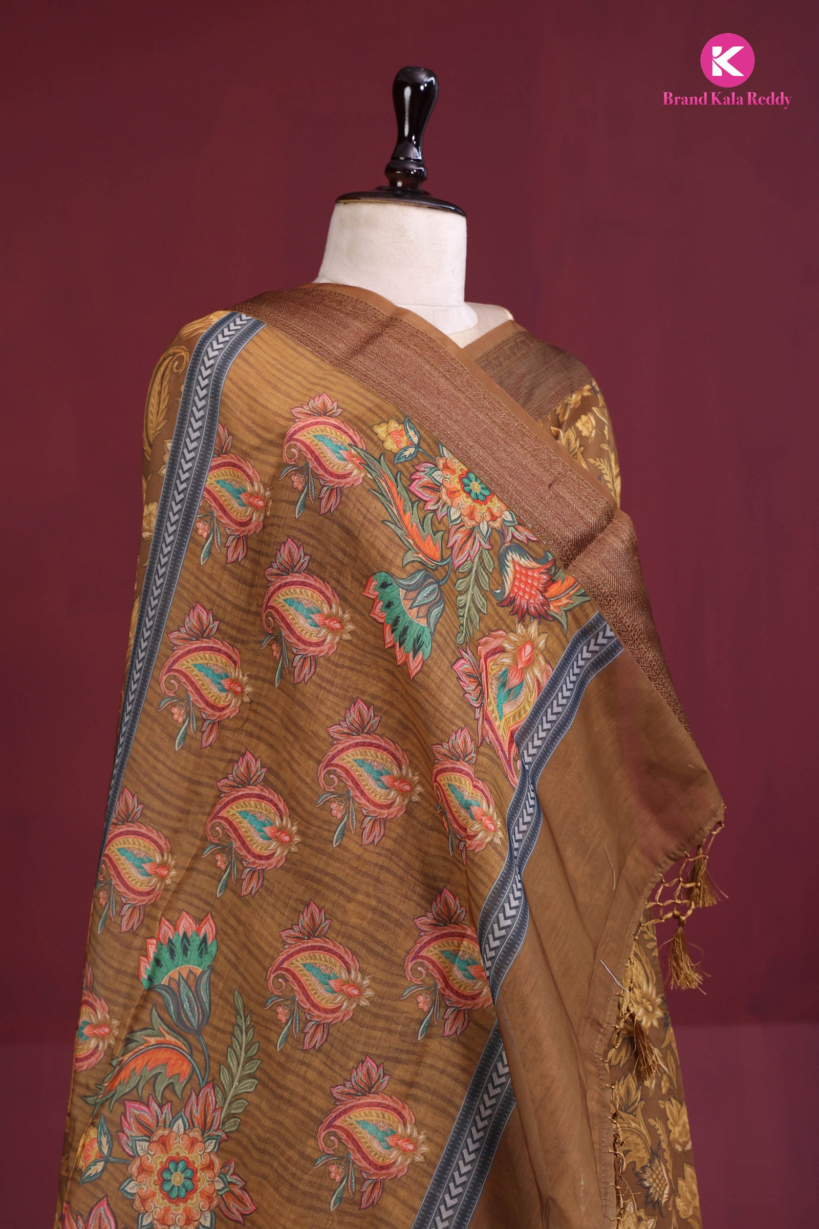 brown printed silk saree