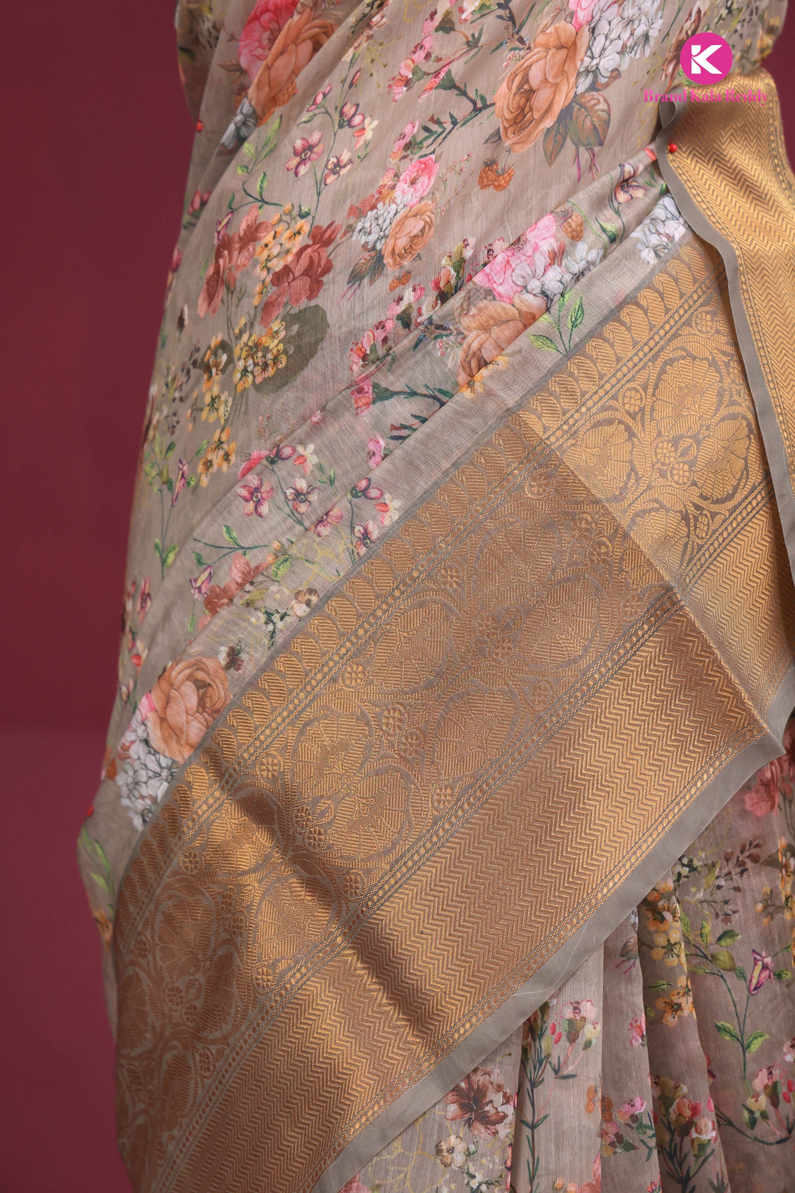 Golden Garden Grace – Printed Silk Saree with Zari Border