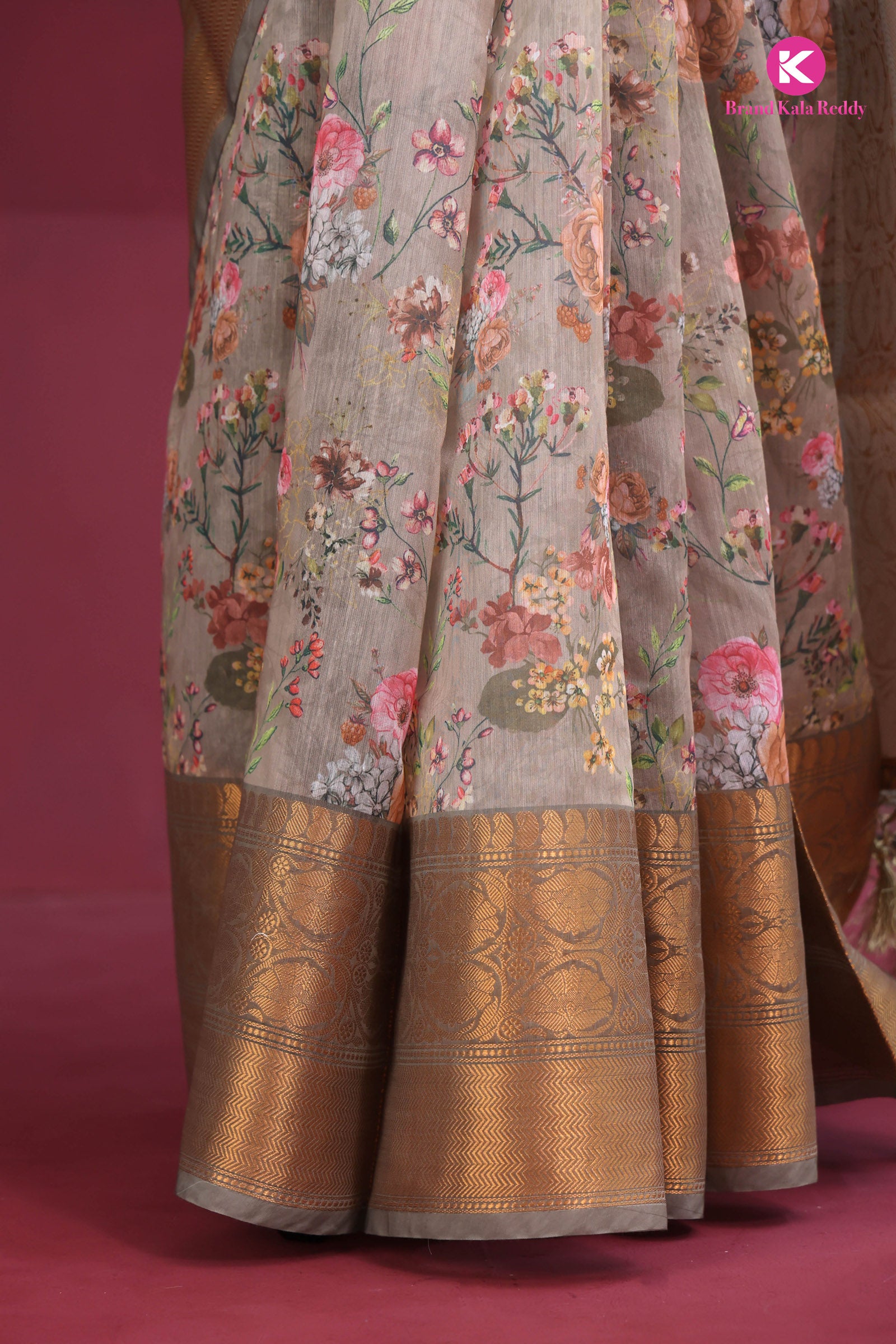 Golden Garden Grace – Printed Silk Saree with Zari Border