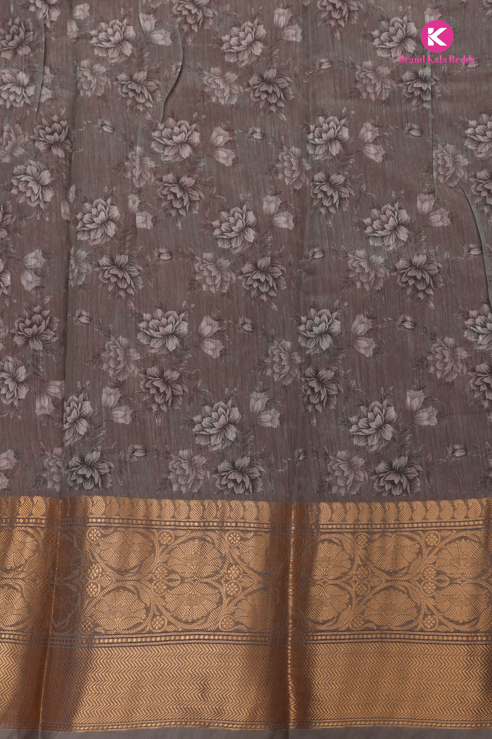 Golden Garden Grace – Printed Silk Saree with Zari Border