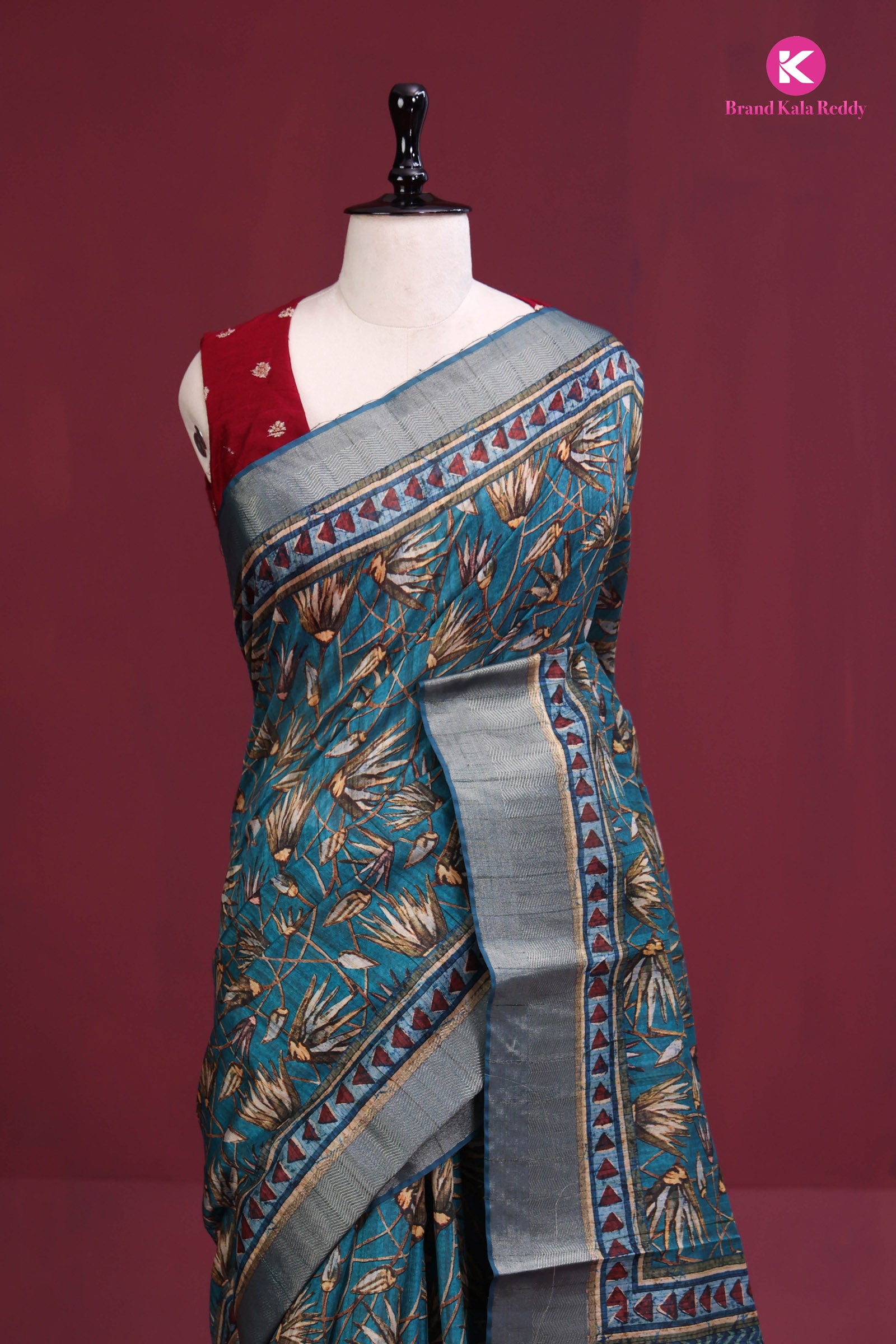 Teal Canvas: Contemporary Printed Silk Saree with Geometric Border