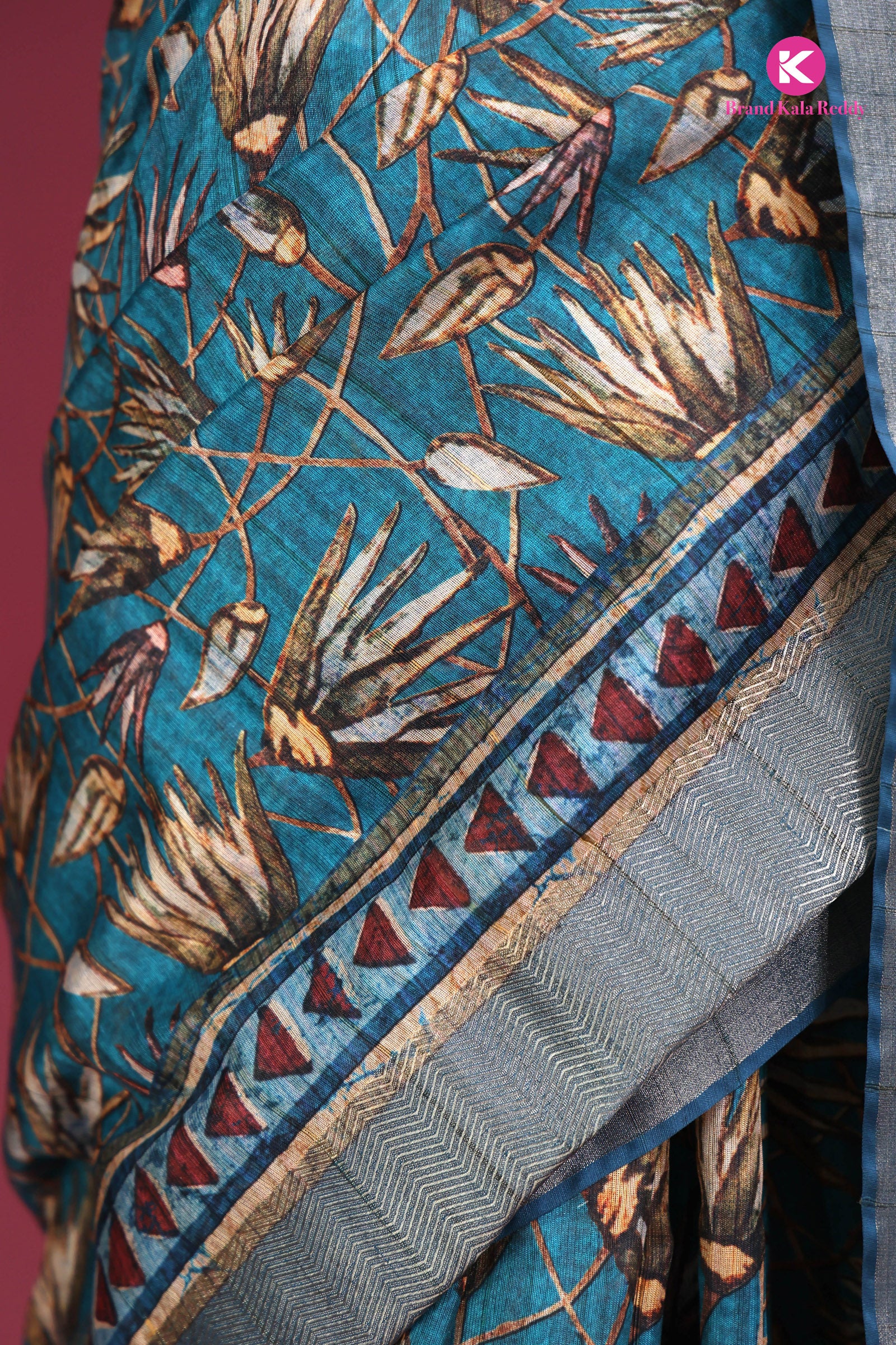 Teal Canvas: Contemporary Printed Silk Saree with Geometric Border
