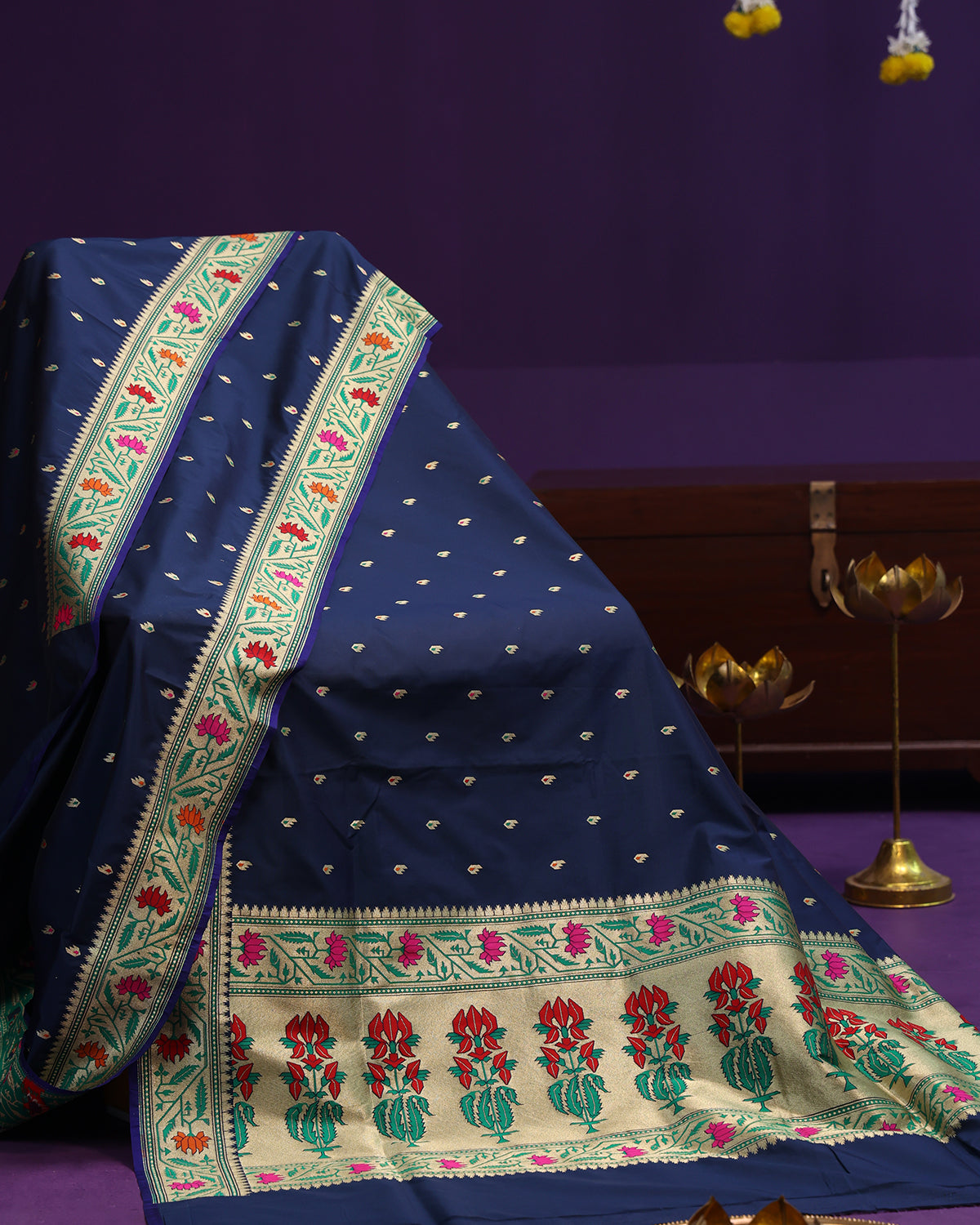 Royal Navy Blue Banarasi Saree with Traditional Floral Border