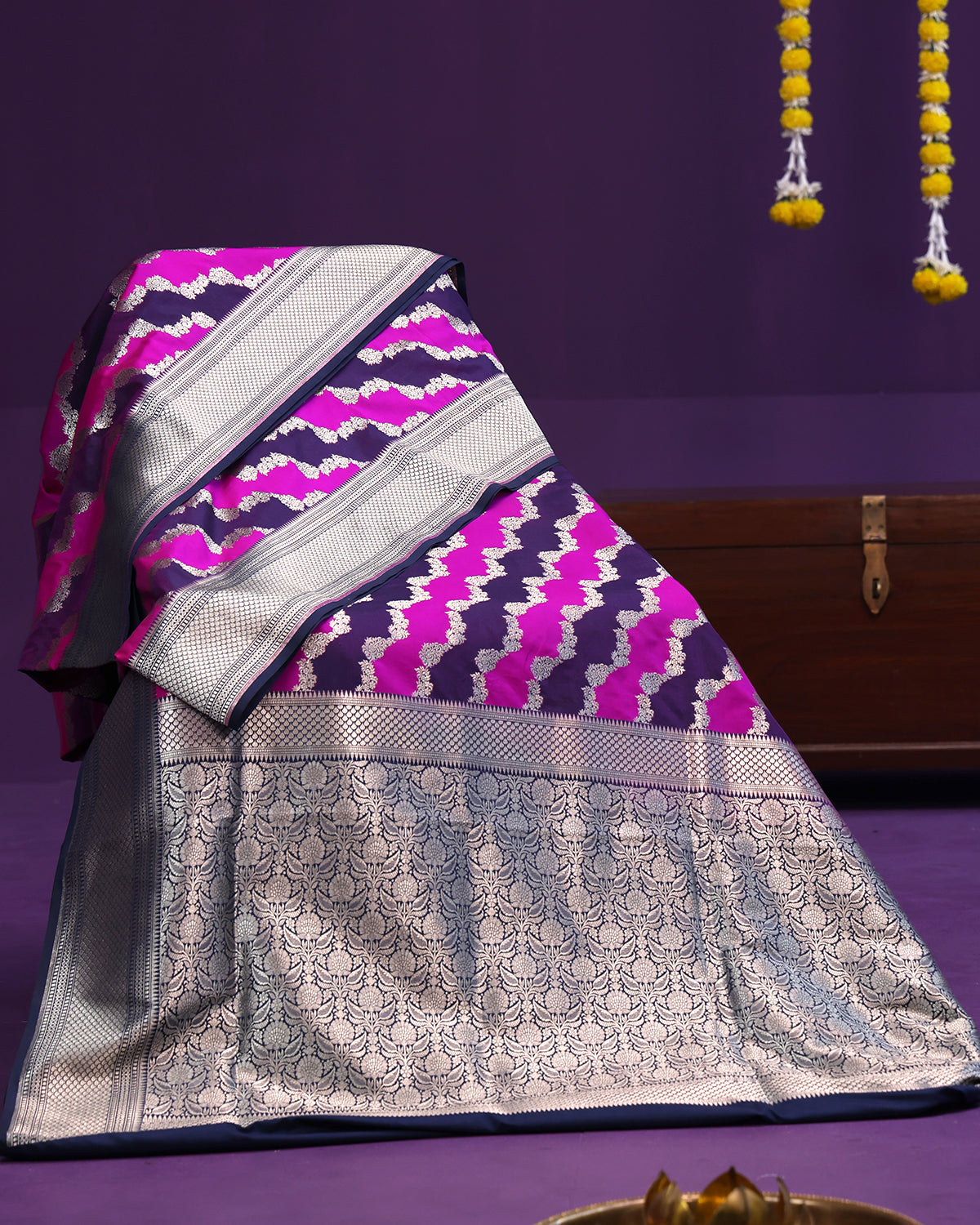 Pink and Navy Blue Rangkat Style Banarasi  Saree