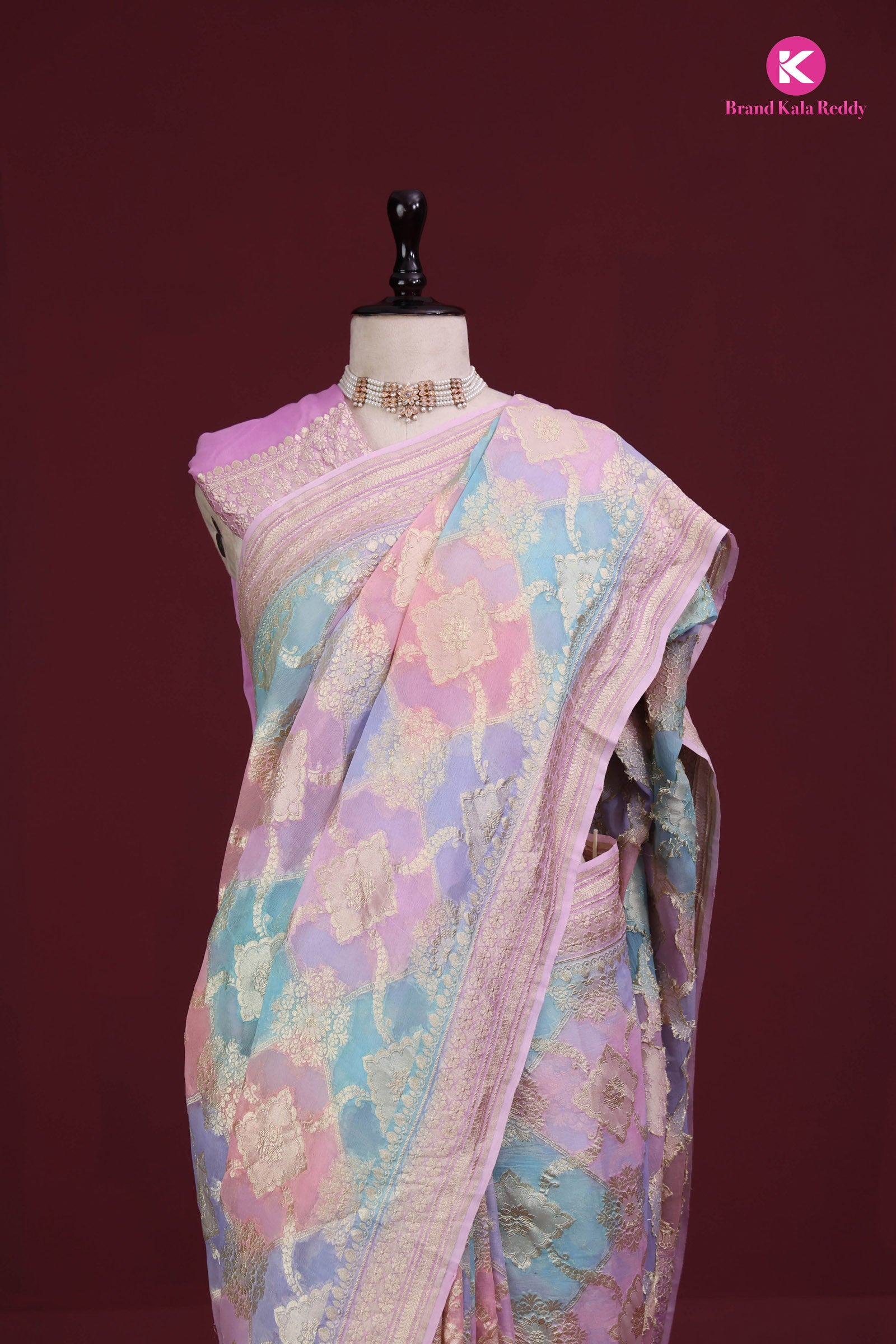A Multi Pastel Colour Georgette Banarasi Silk Saree in Rankat style