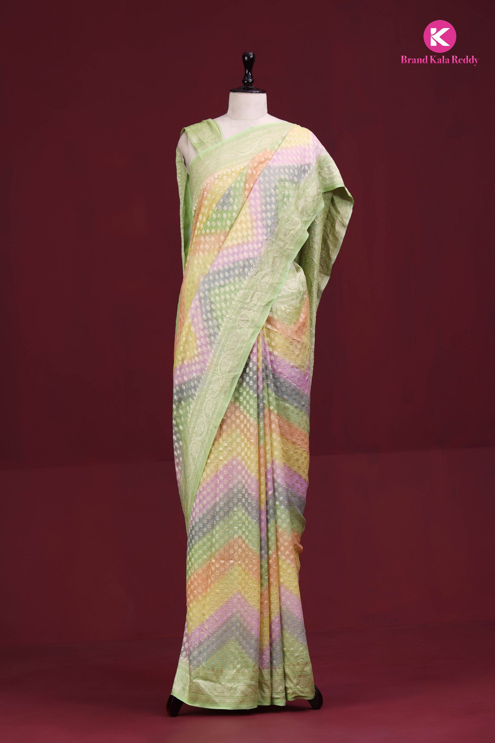 A Multi Pastel colour Georgette Banarasi Silk Saree in Rankat Style