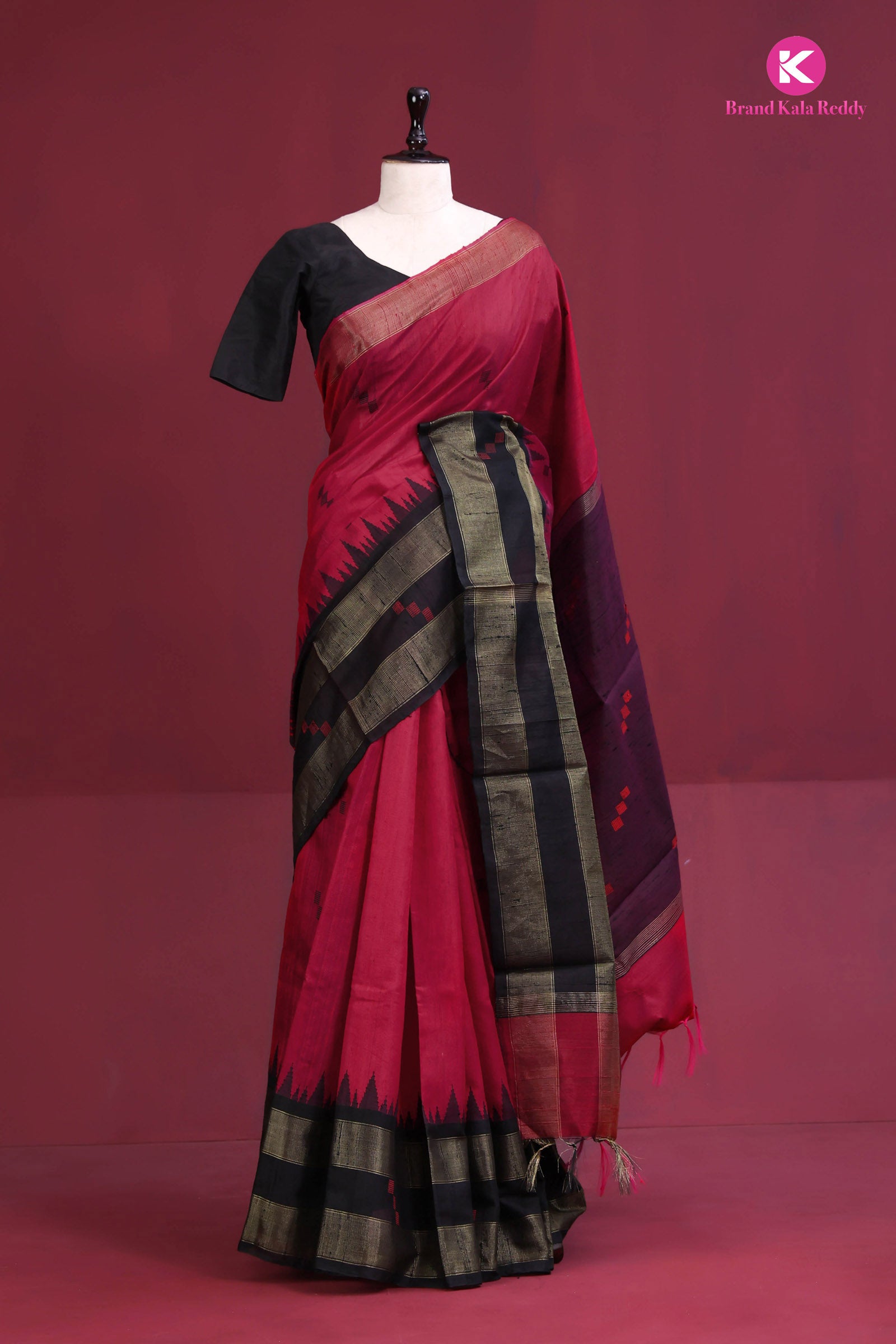 Maroon Tussar Silk Saree With a Black Border