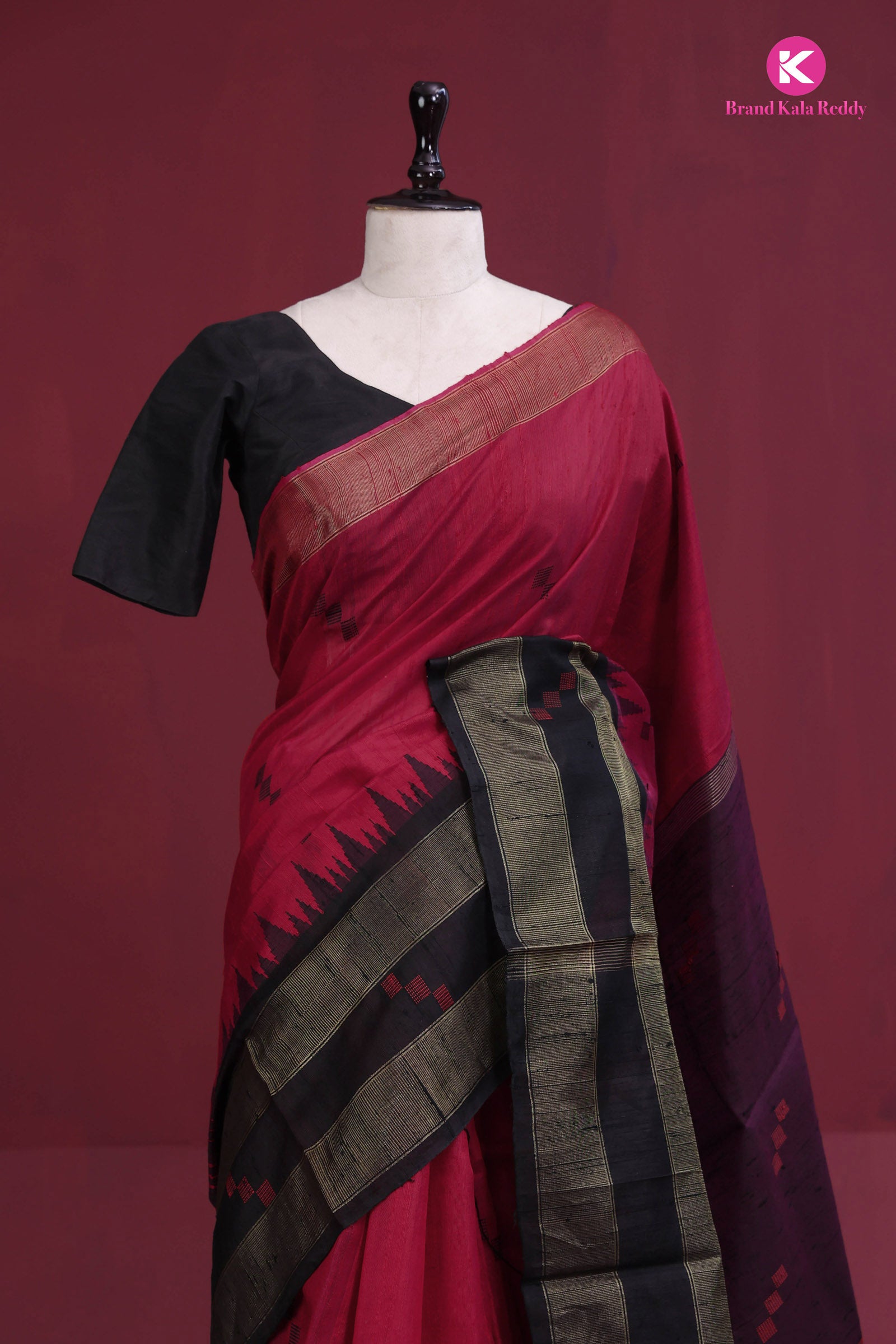 Maroon Tussar Silk Saree With a Black Border