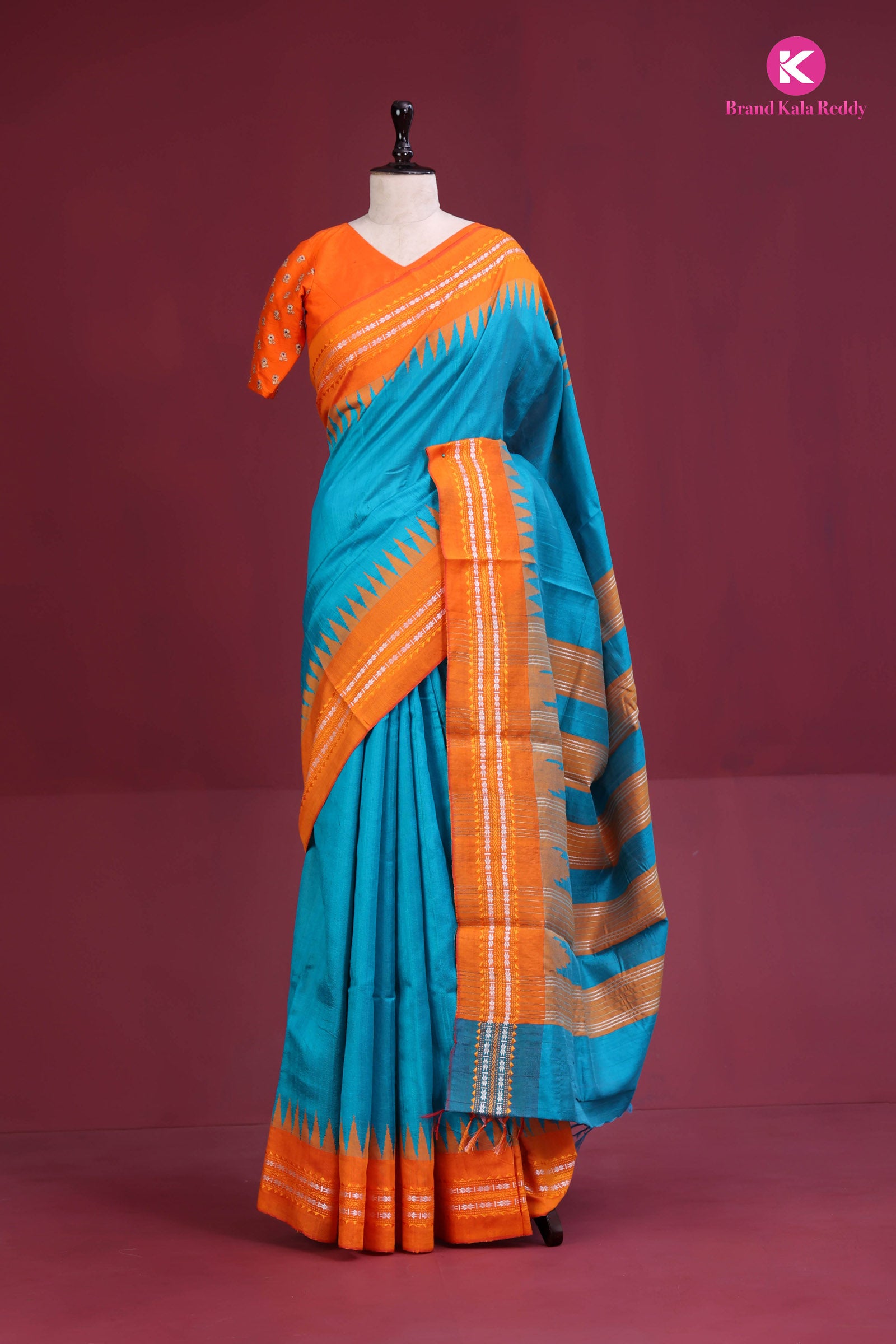 Sunset Breeze – Moonga Silk Saree in Turquoise & Tangerine