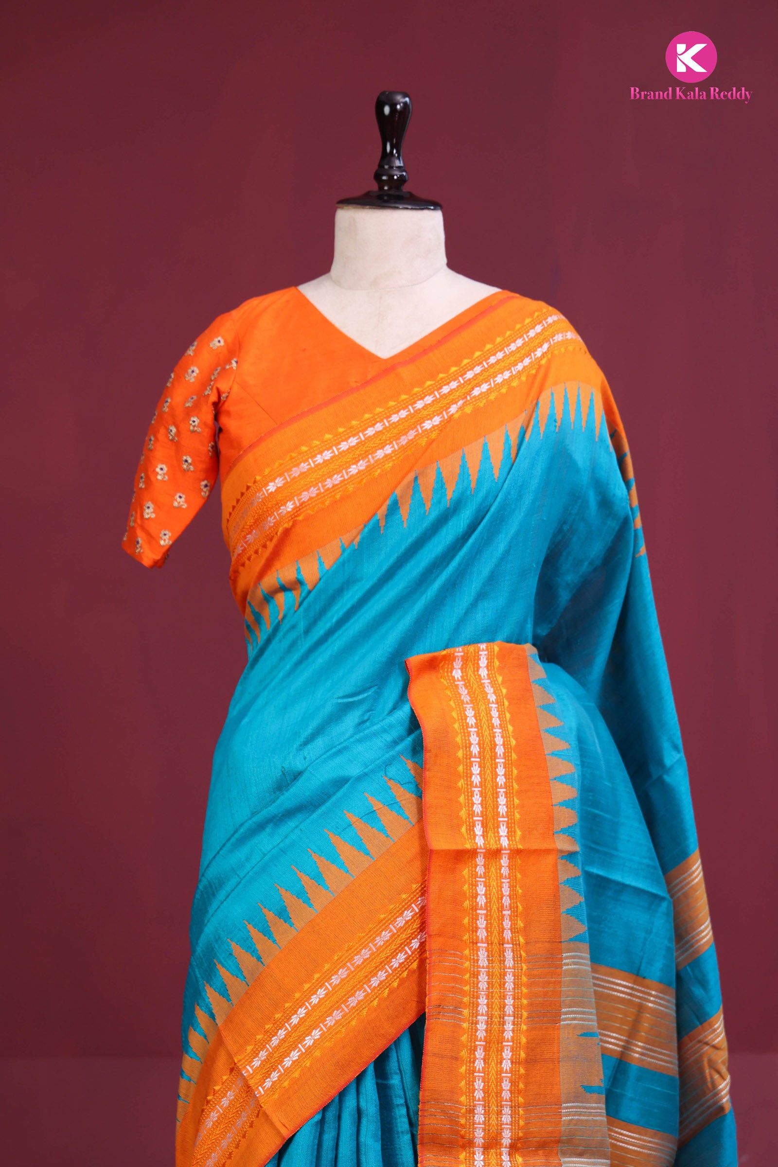 Sunset Breeze – Moonga Silk Saree in Turquoise & Tangerine