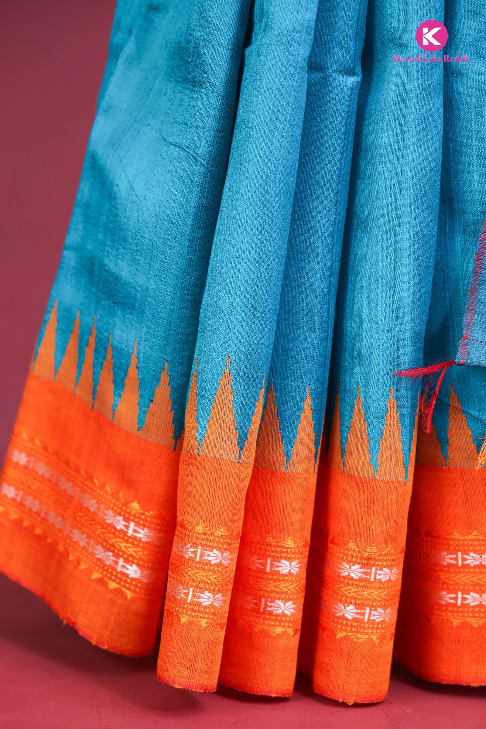 Sunset Breeze – Moonga Silk Saree in Turquoise & Tangerine