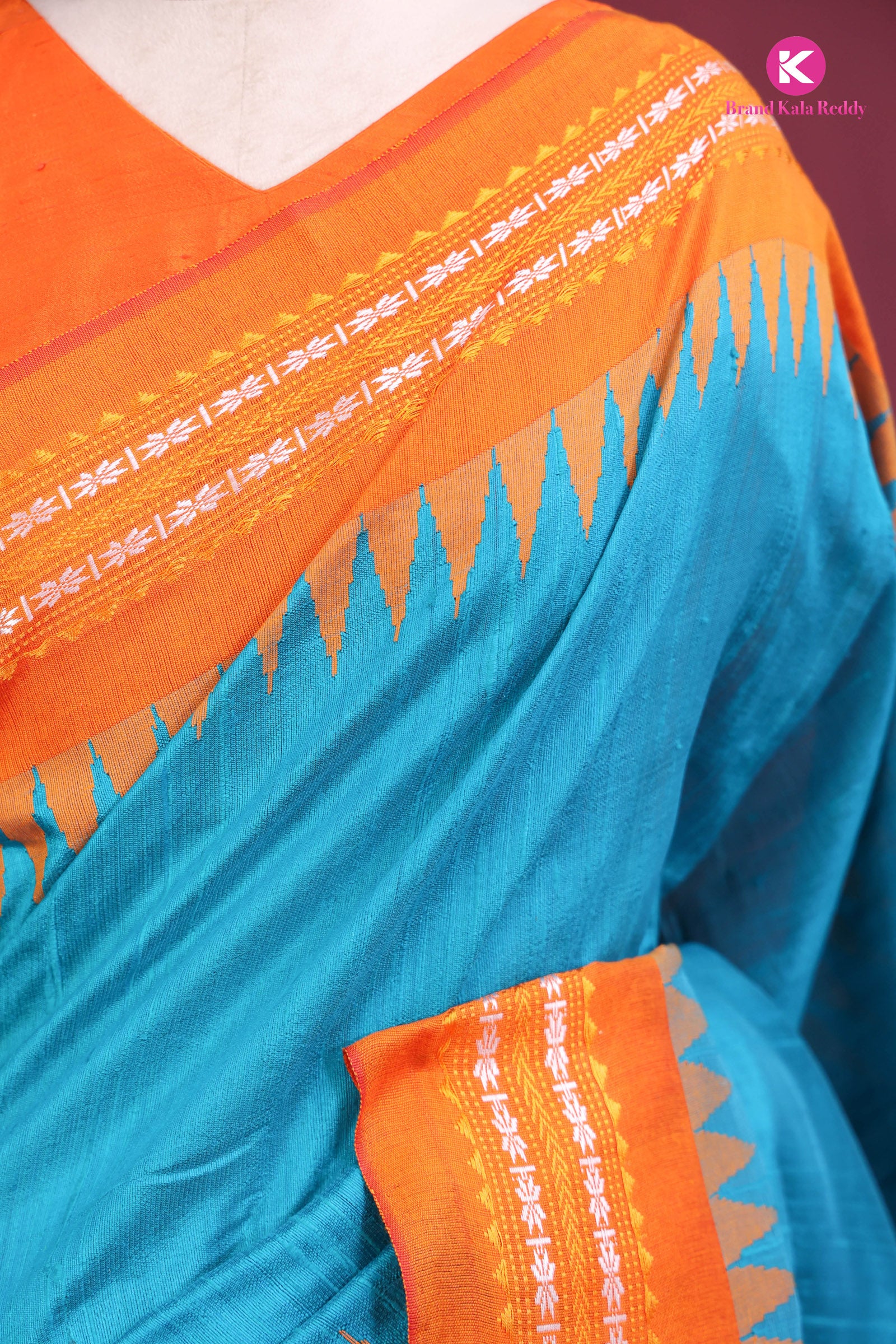 Sunset Breeze – Moonga Silk Saree in Turquoise & Tangerine