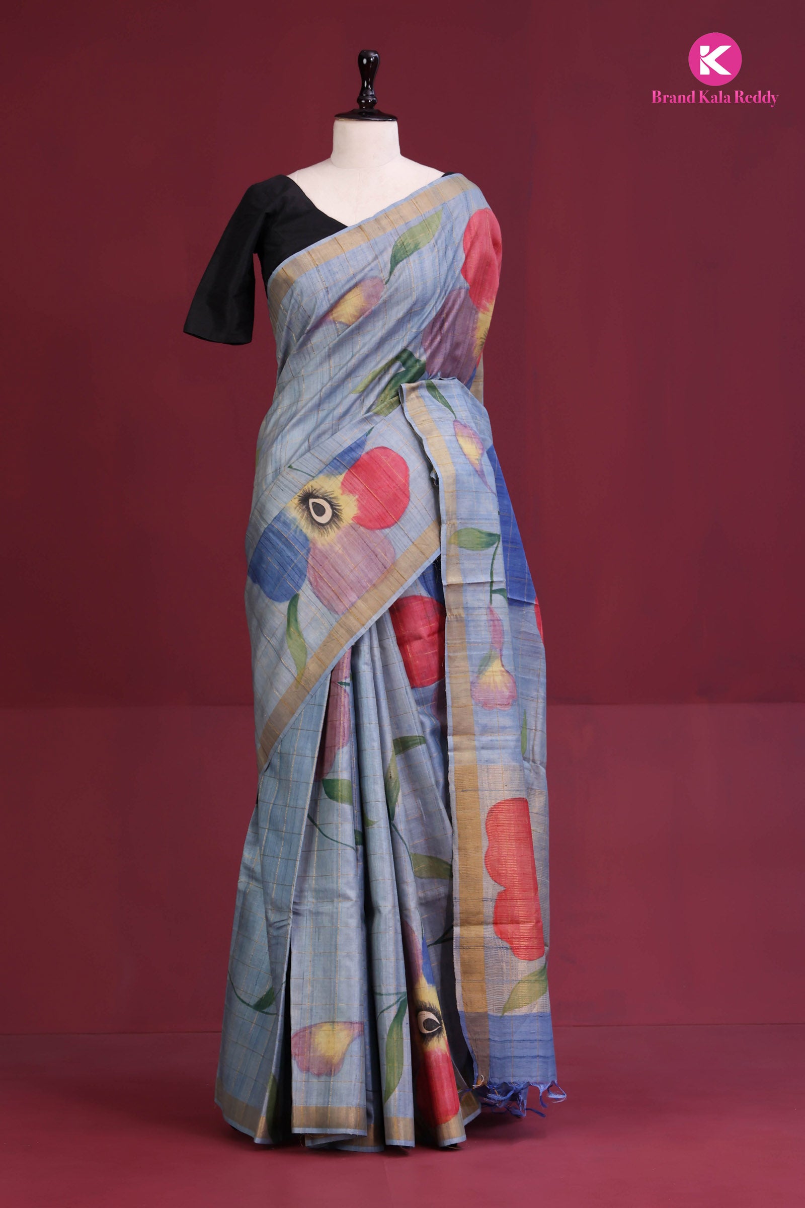 Handpainted Grey Tussar Saree