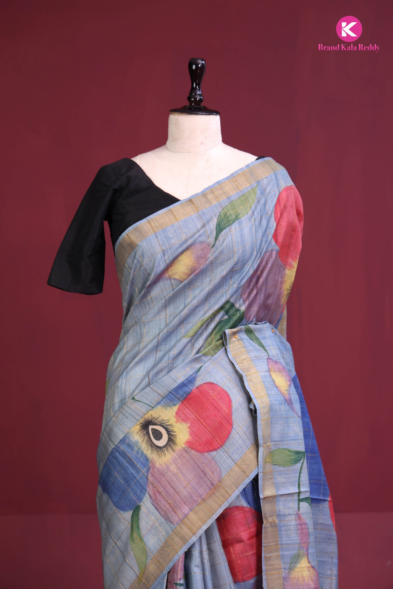 Handpainted Grey Tussar Saree