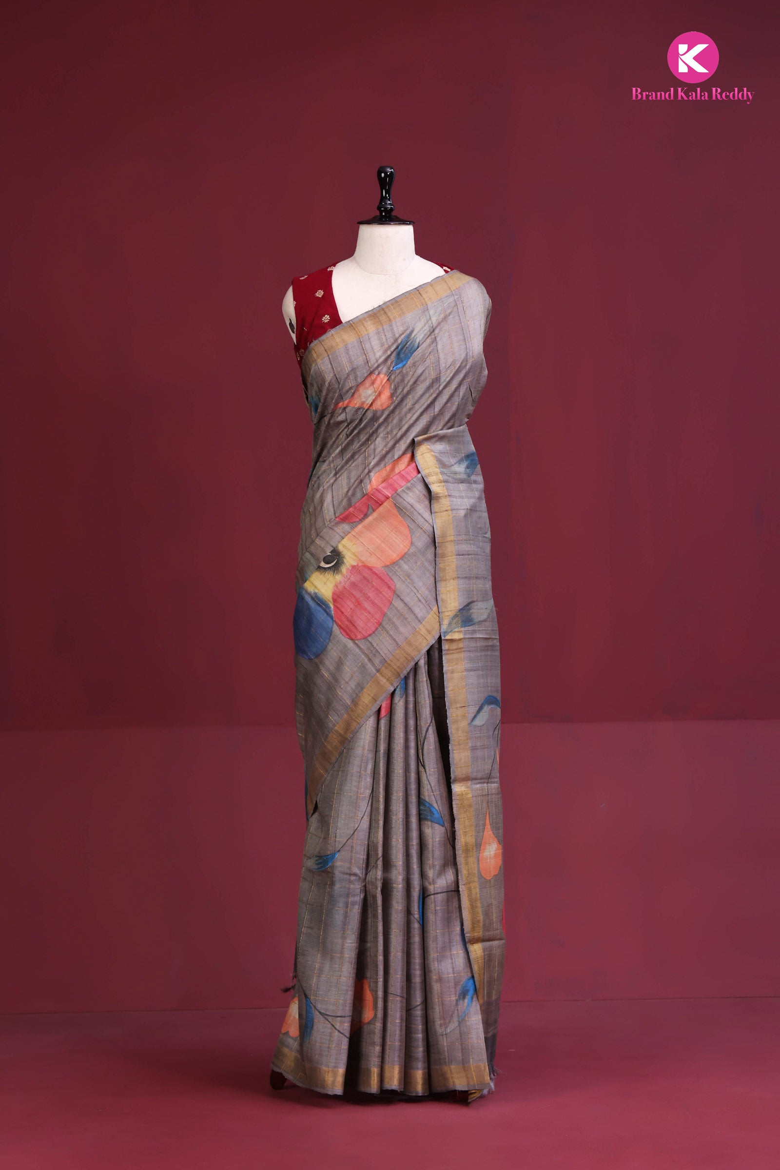 Mud Color Tussar Silk Saree with Hand-Painted Flower Motifs