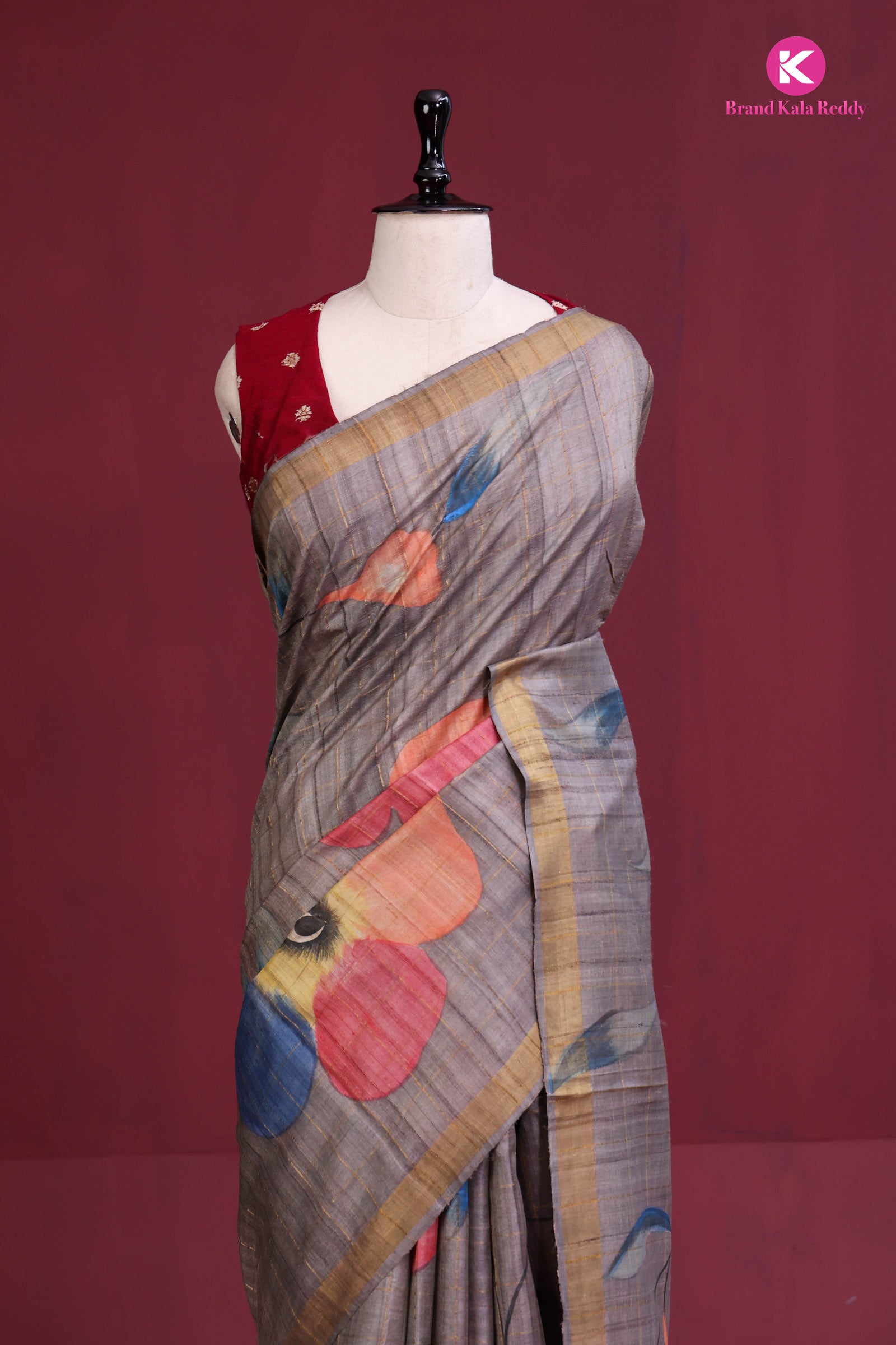 Mud Color Tussar Silk Saree with Hand-Painted Flower Motifs