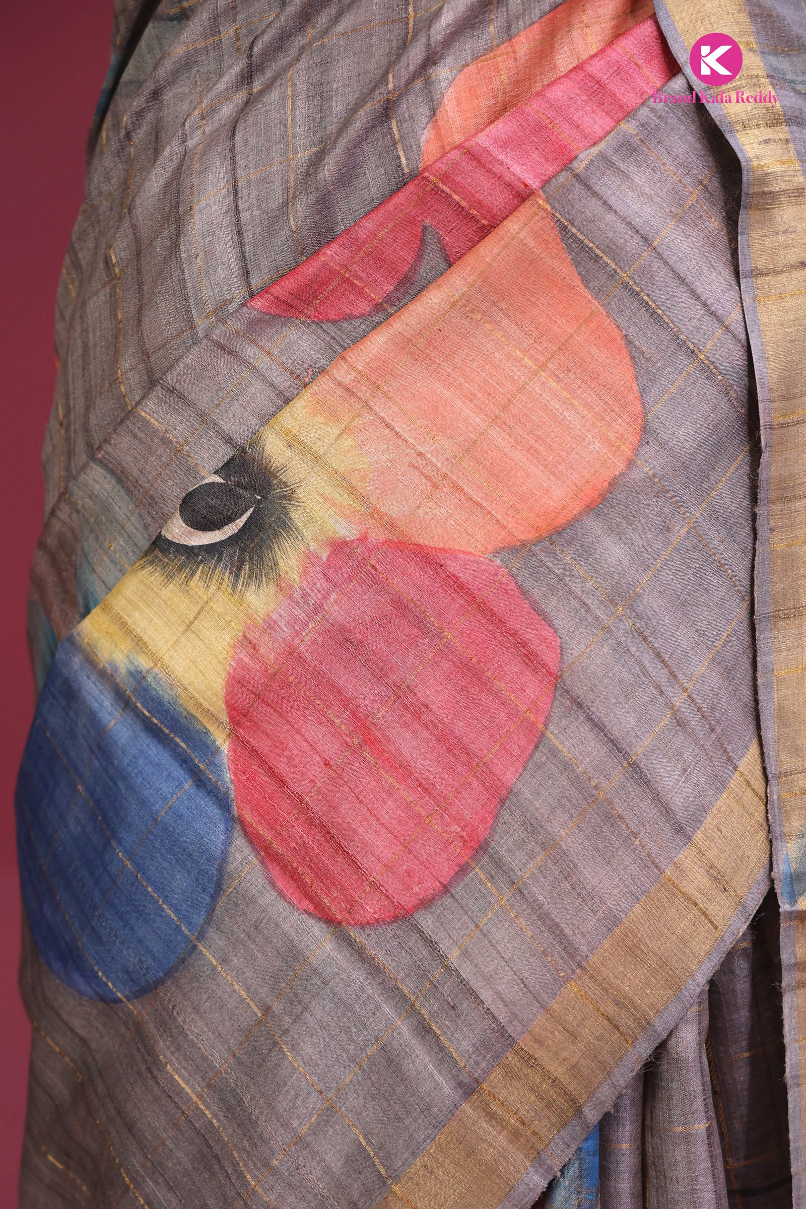 Mud Color Tussar Silk Saree with Hand-Painted Flower Motifs