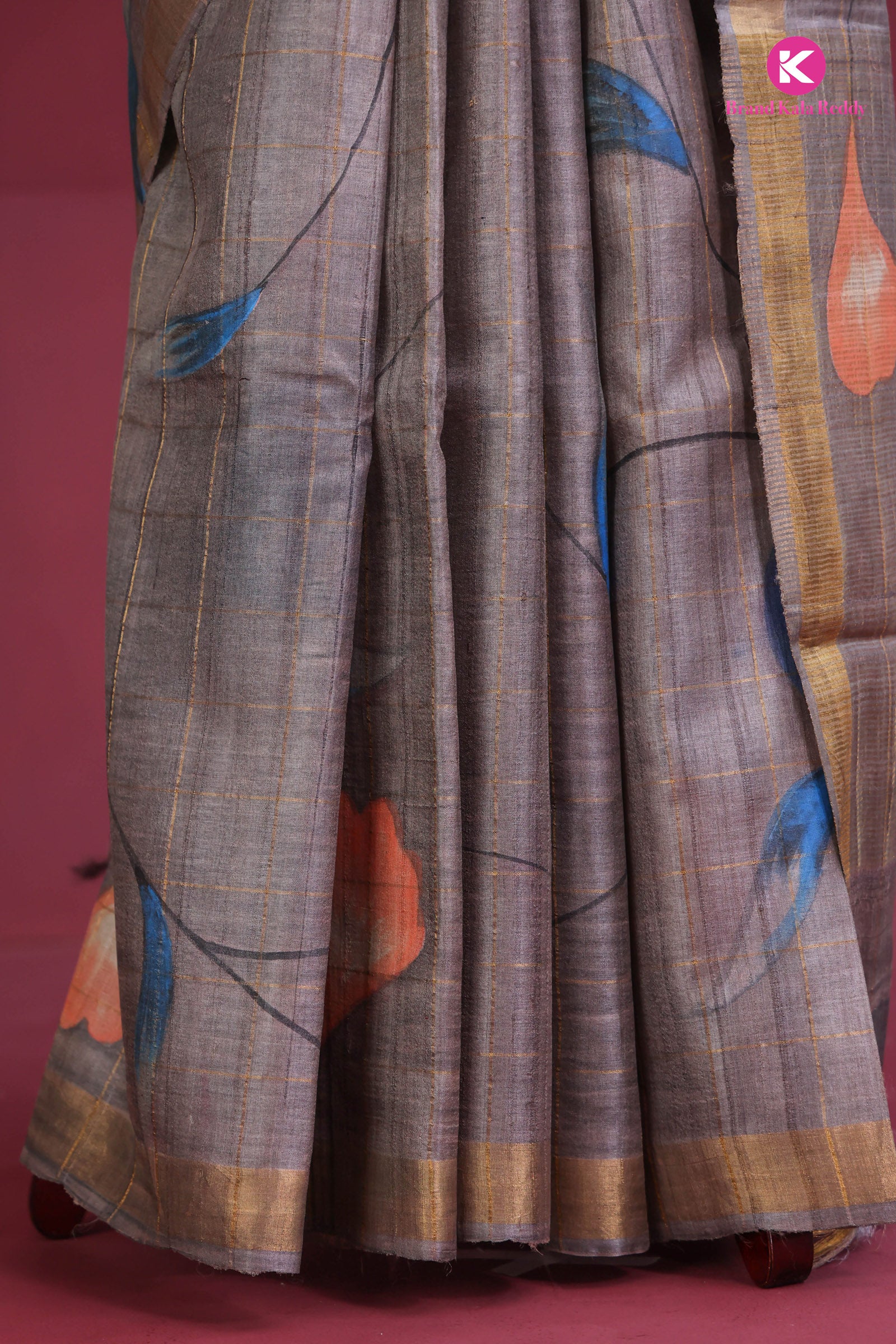 Mud Color Tussar Silk Saree with Hand-Painted Flower Motifs