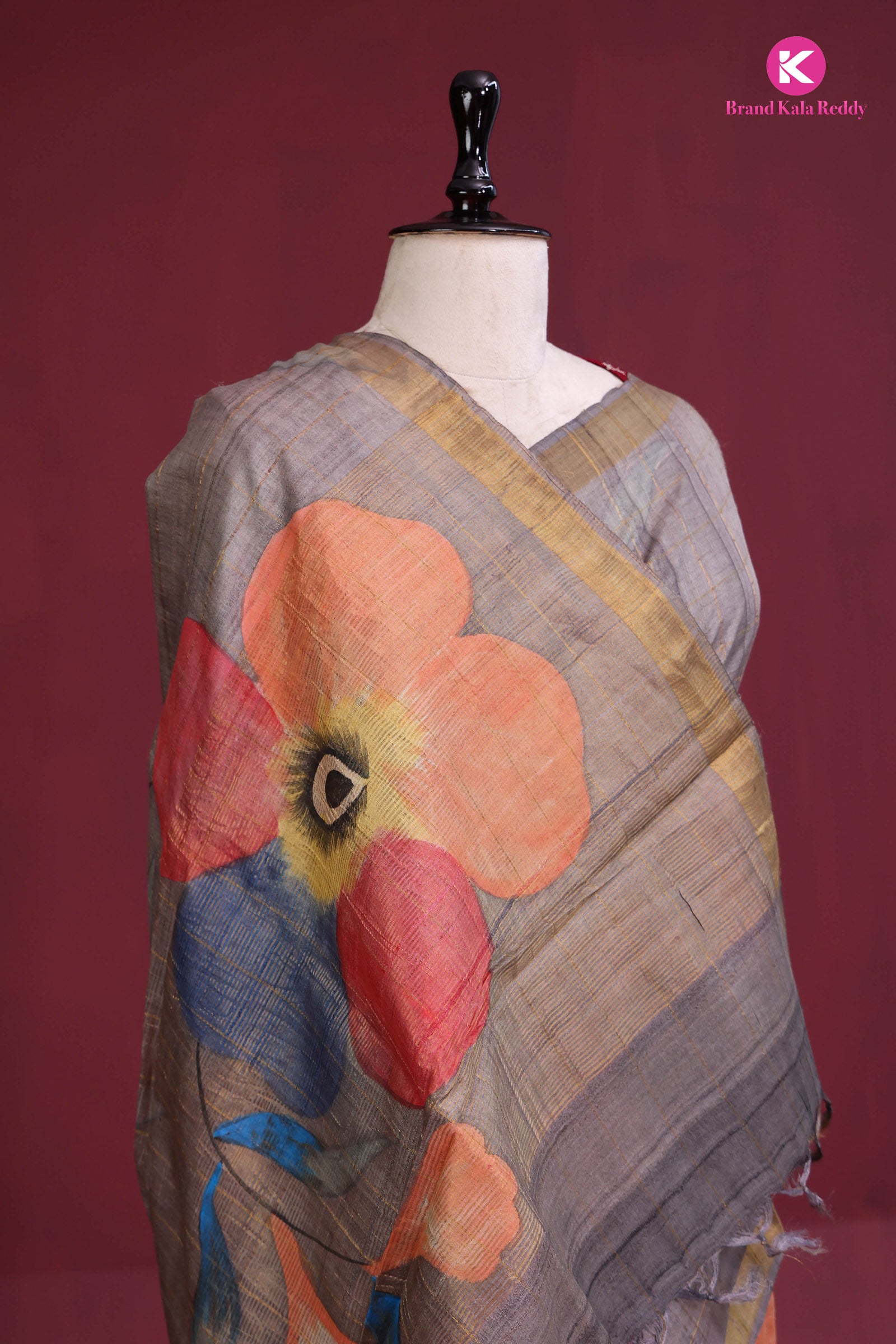 Mud Color Tussar Silk Saree with Hand-Painted Flower Motifs