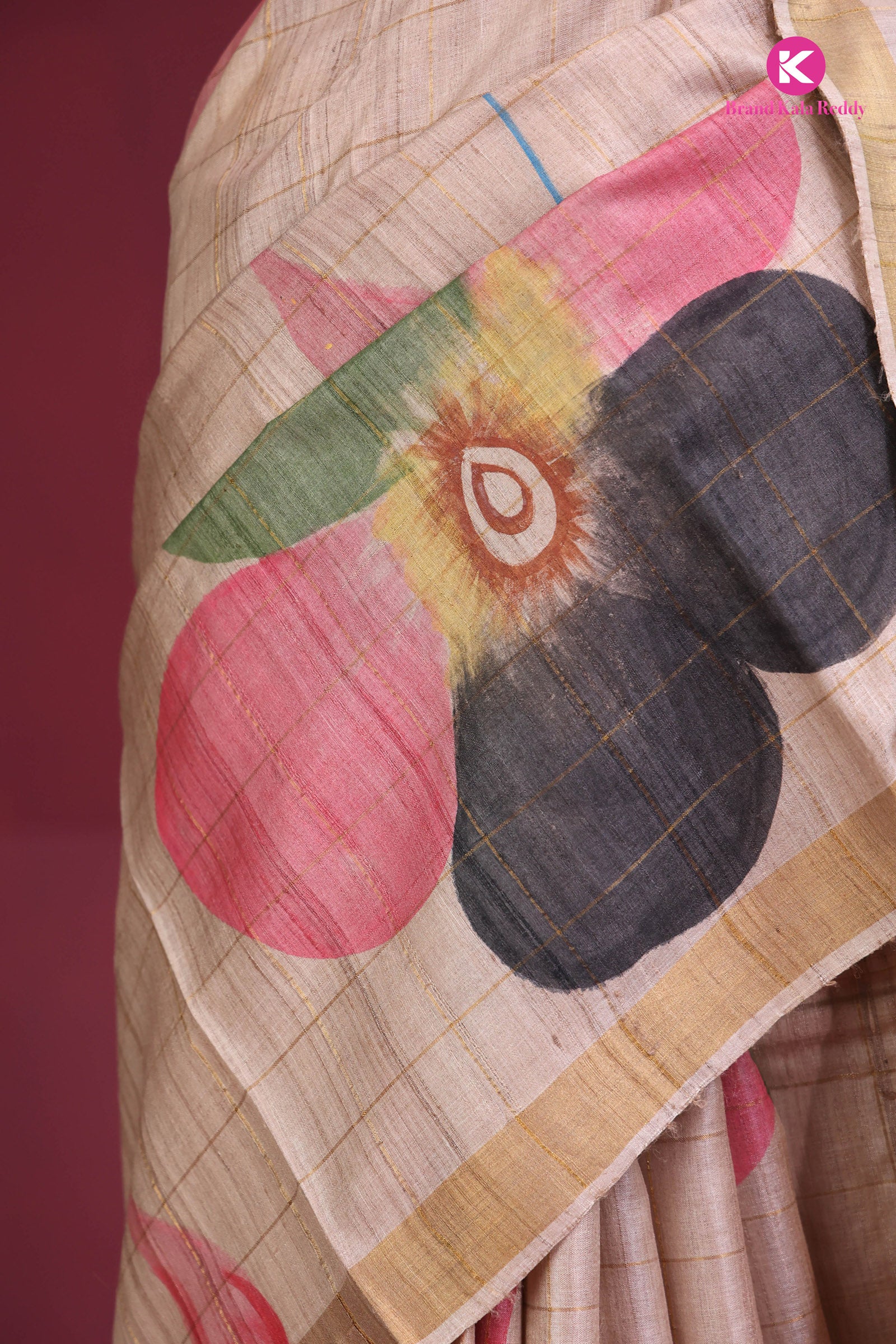 Beige Printed Tussar Silk Saree