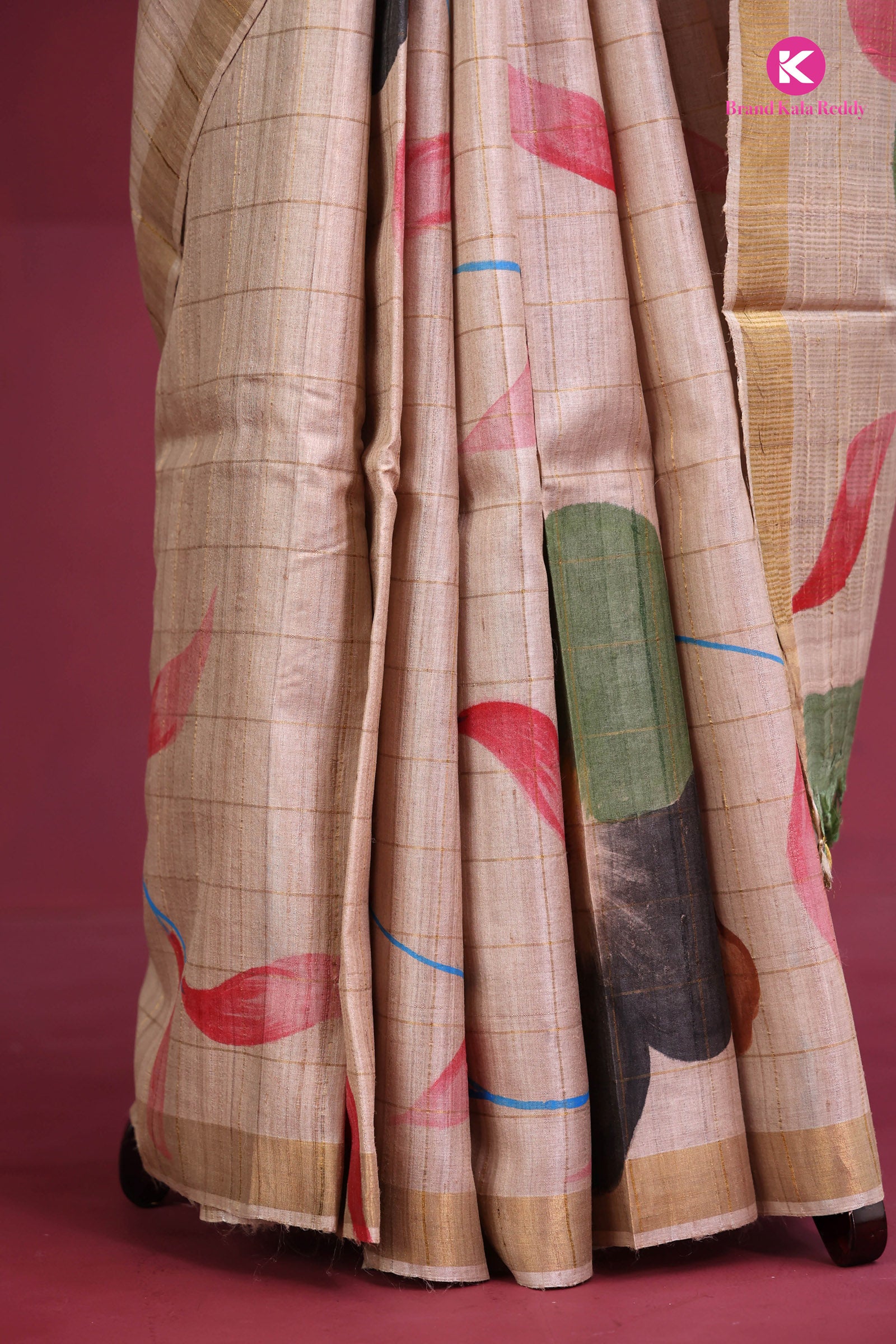 Beige Printed Tussar Silk Saree