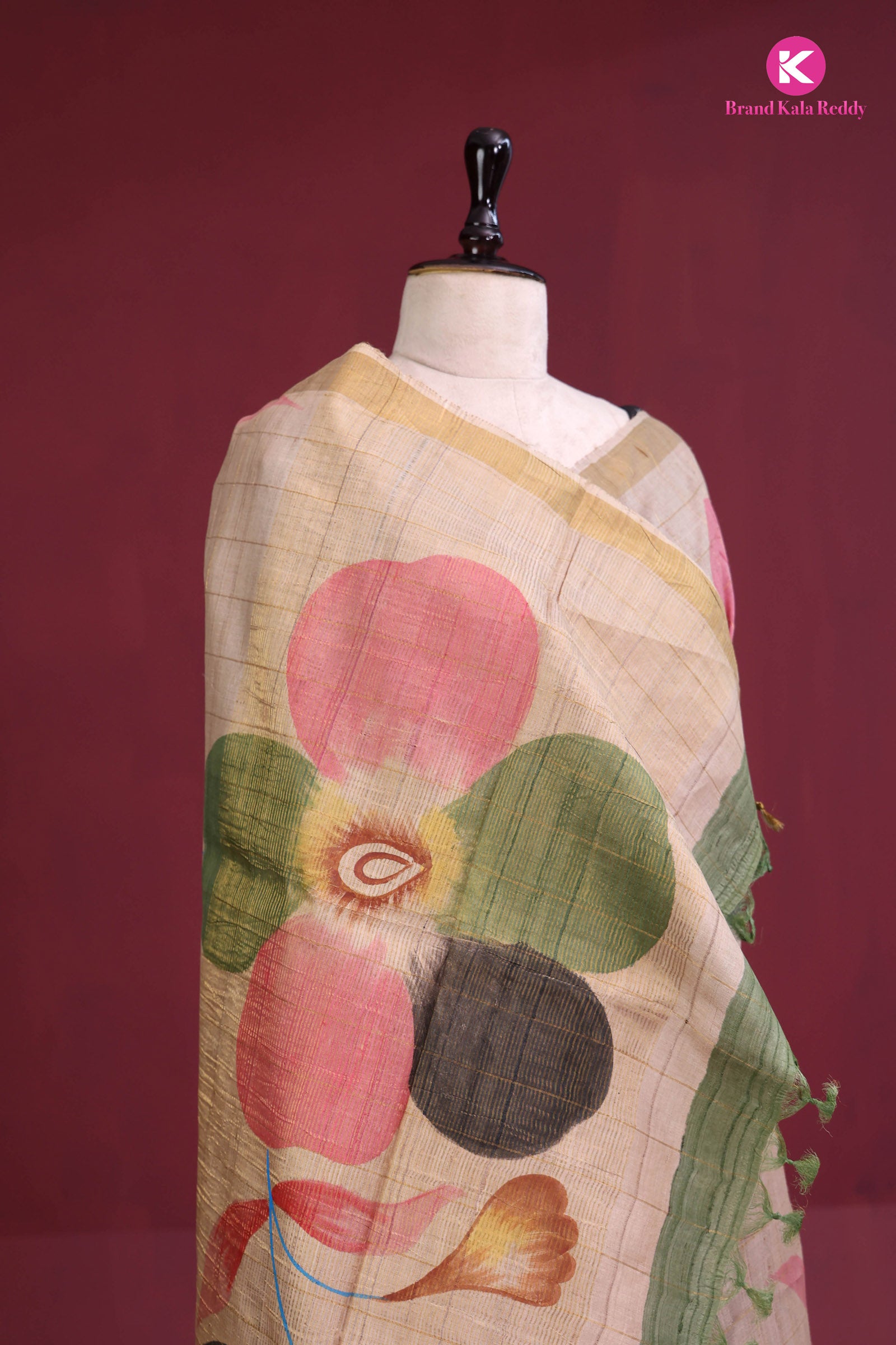 Beige Printed Tussar Silk Saree