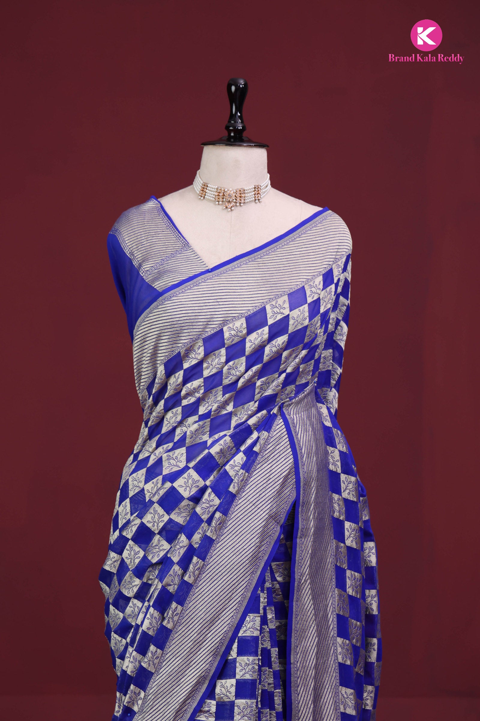 Royal Blue Georgette Banarasi Silk Saree in a Classic Checks Pattern