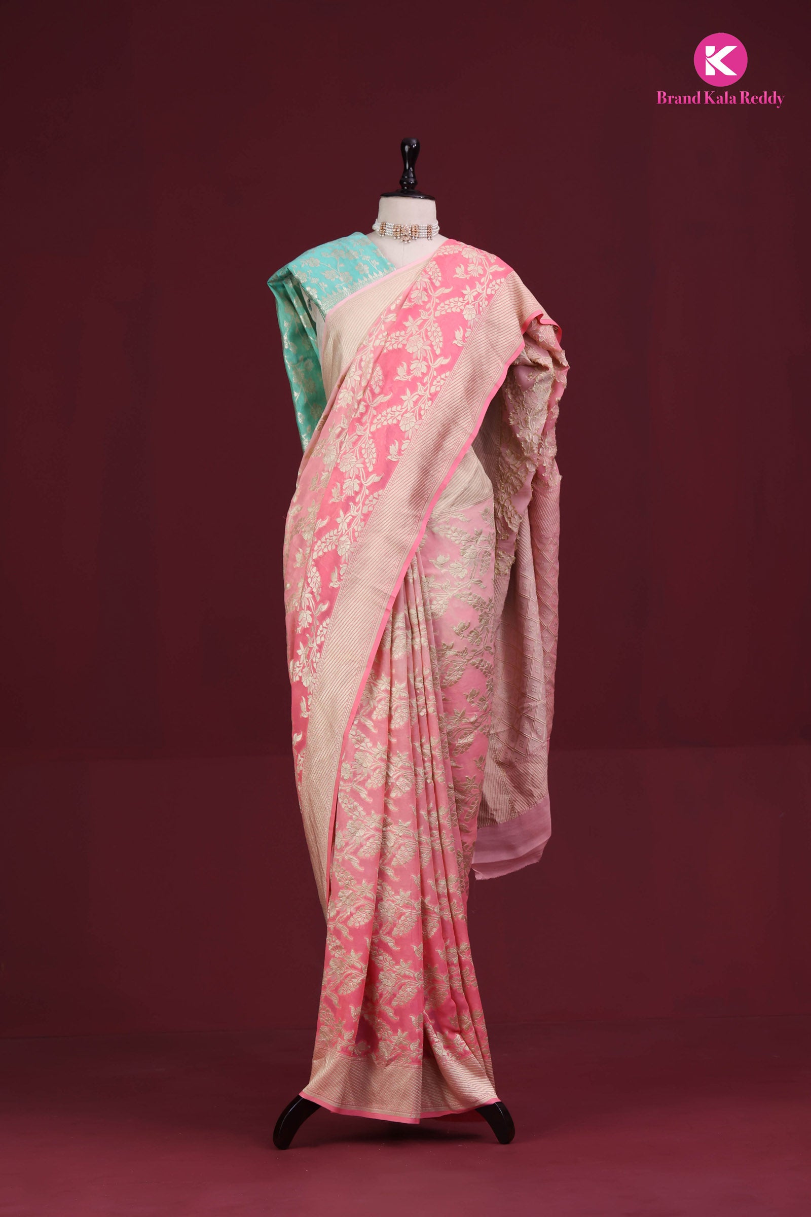 Salmon-Colored Georgette Banarasi Silk Saree