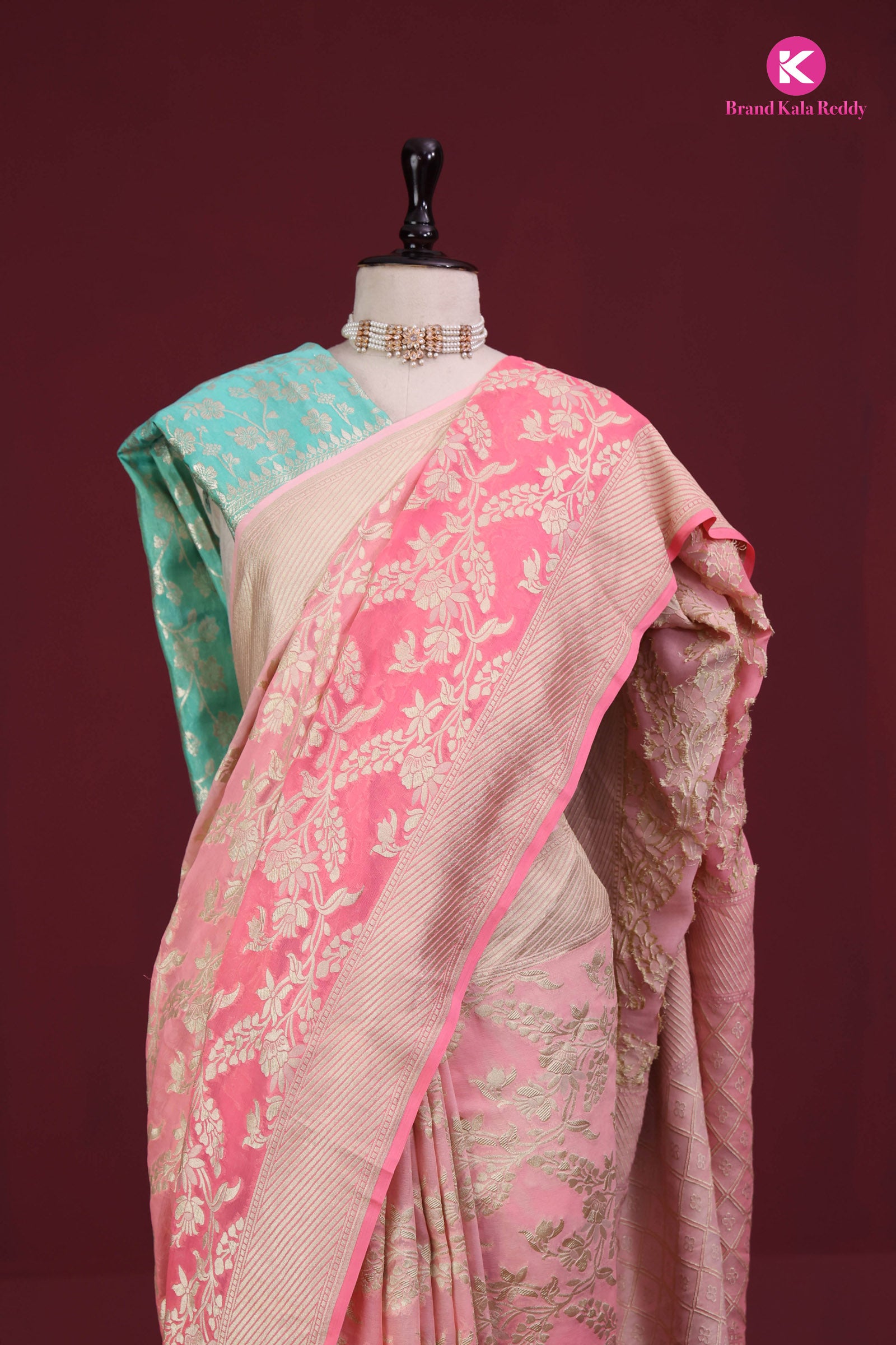 Salmon-Colored Georgette Banarasi Silk Saree