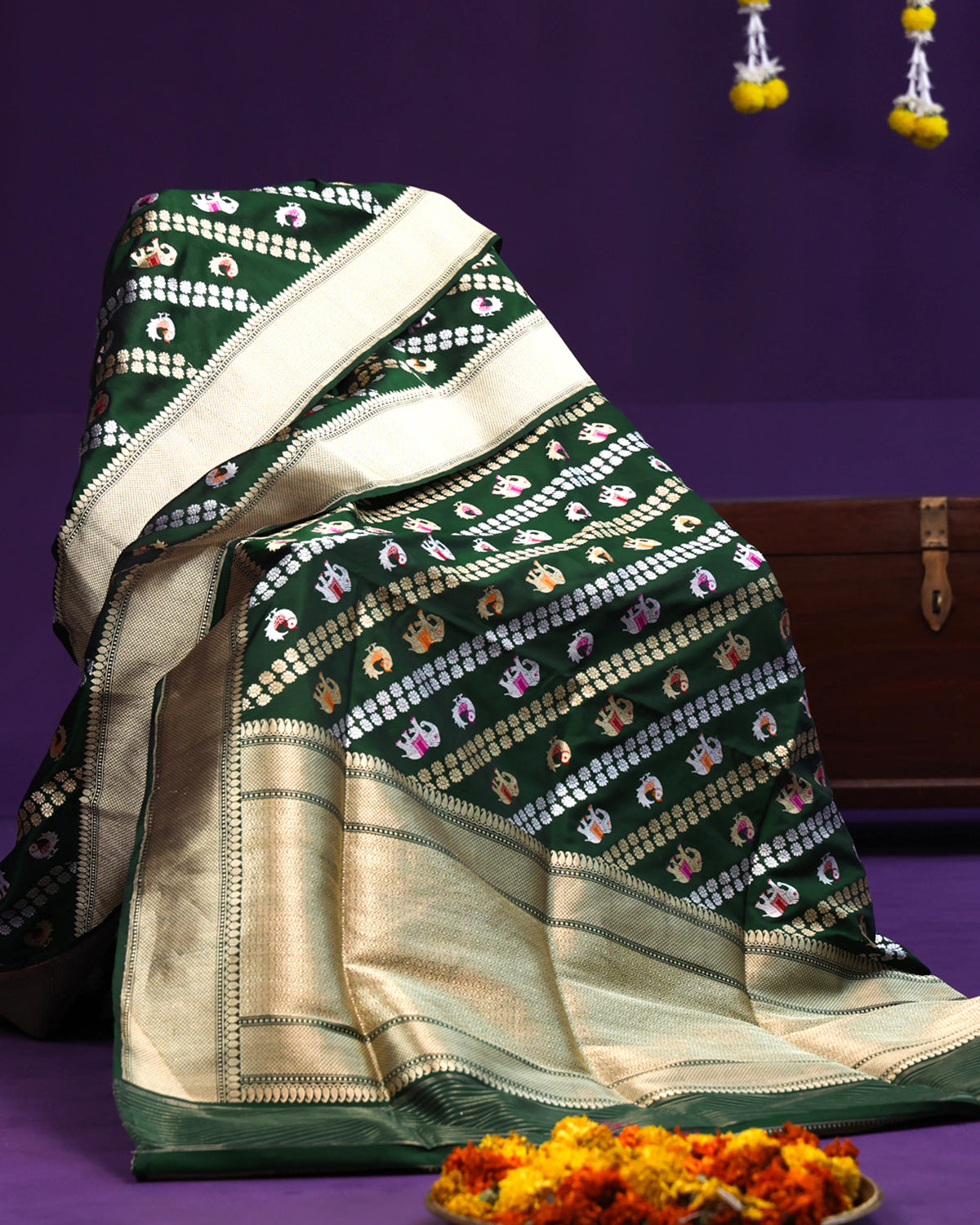 Emerald Elephant Parade :Handloom Banarasi Silk Saree