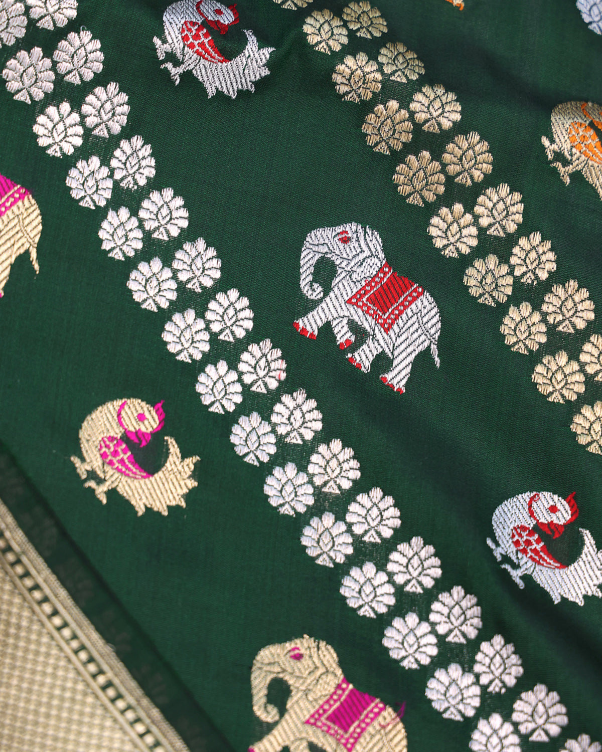 Emerald Elephant Parade :Handloom Banarasi Silk Saree