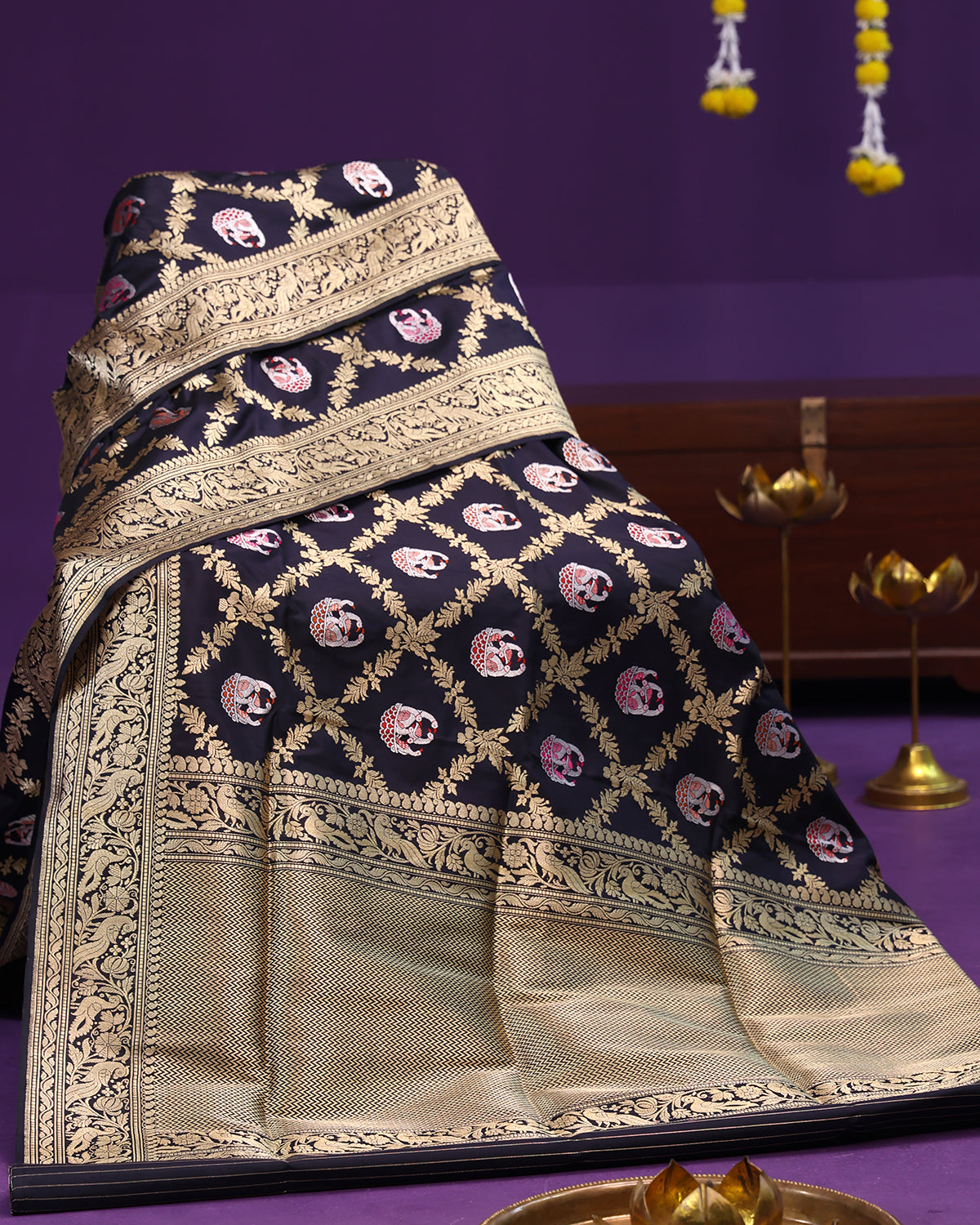 Elegant Navy Blue Banarasi Saree with Intricate Gold and Silver Weave