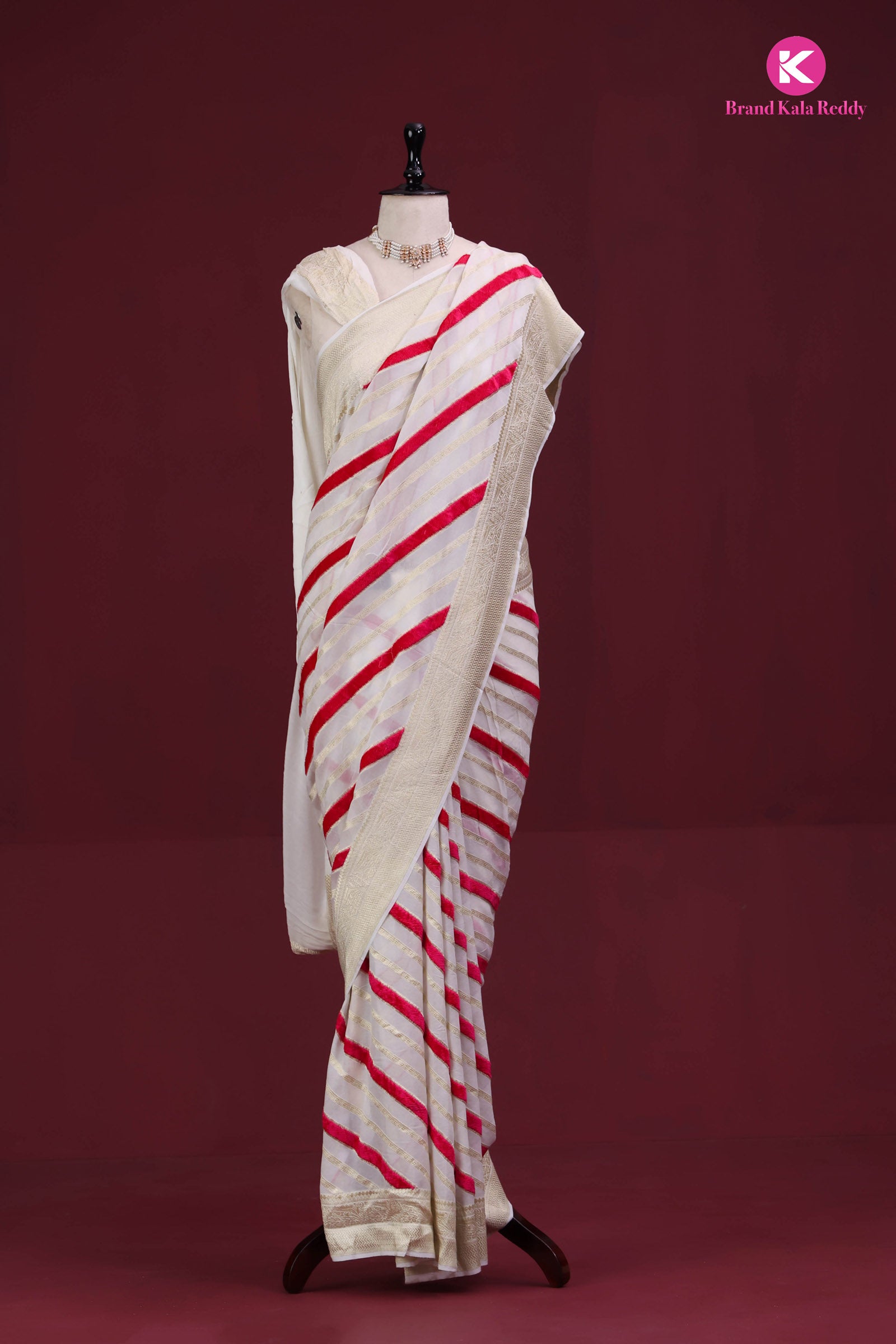 White Georgette Banarasi Silk Saree with Pink Stripes