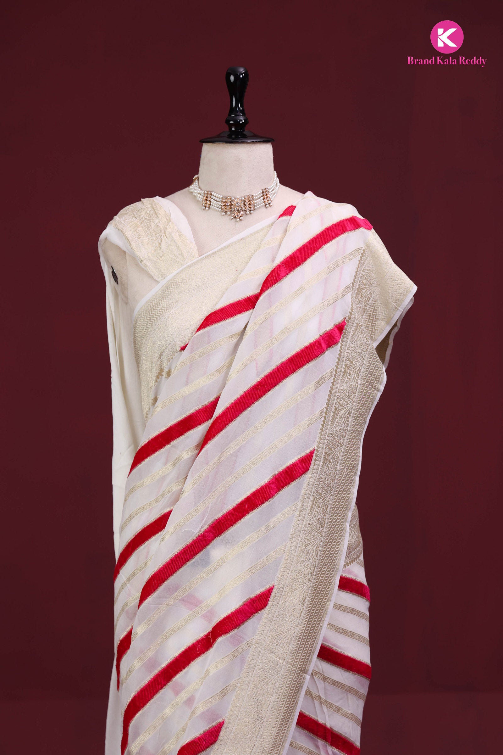 White Georgette Banarasi Silk Saree with Pink Stripes