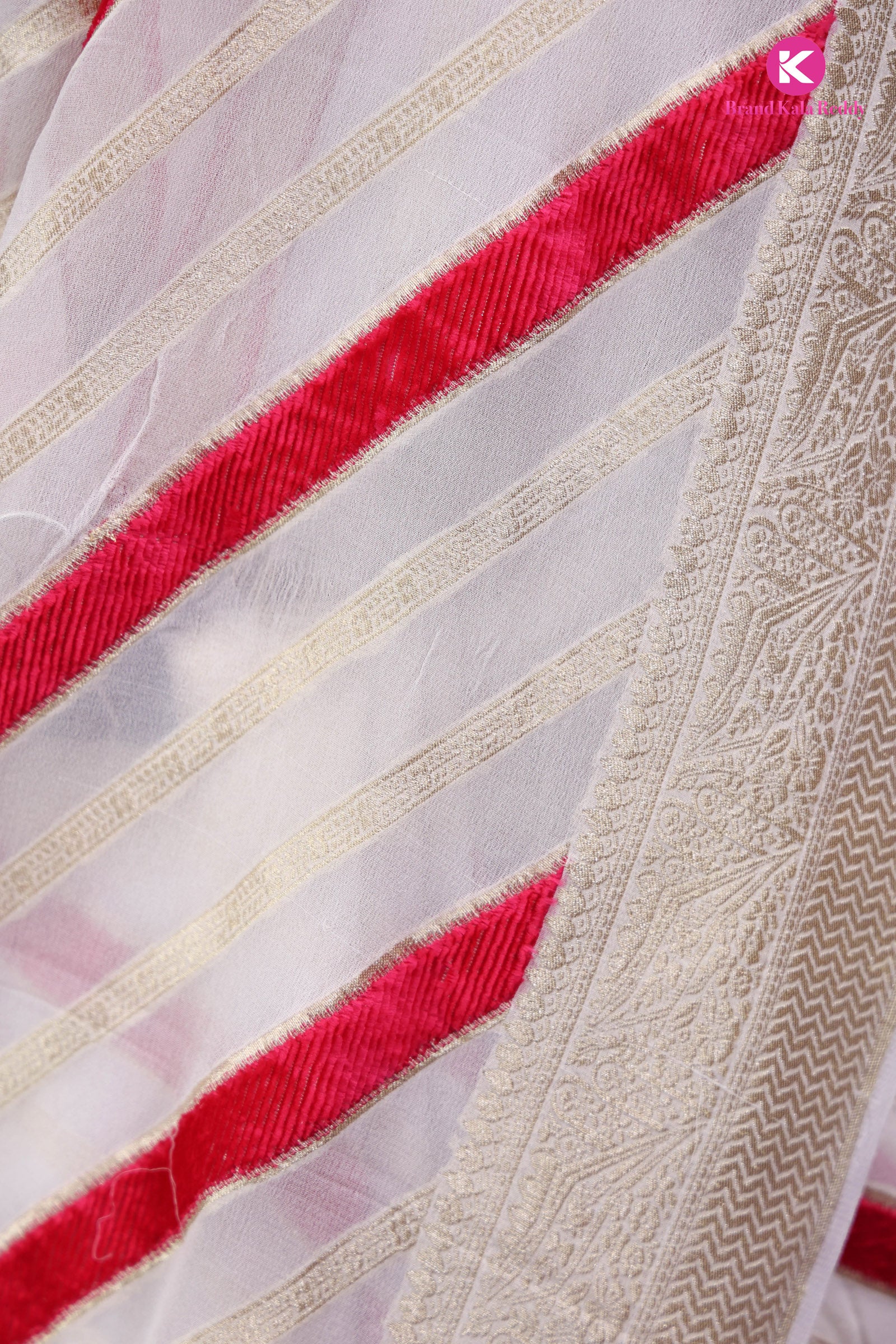 White Georgette Banarasi Silk Saree with Pink Stripes