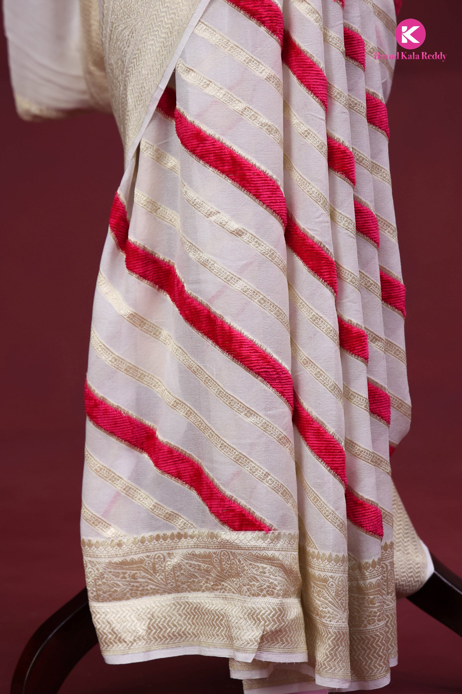 White Georgette Banarasi Silk Saree with Pink Stripes