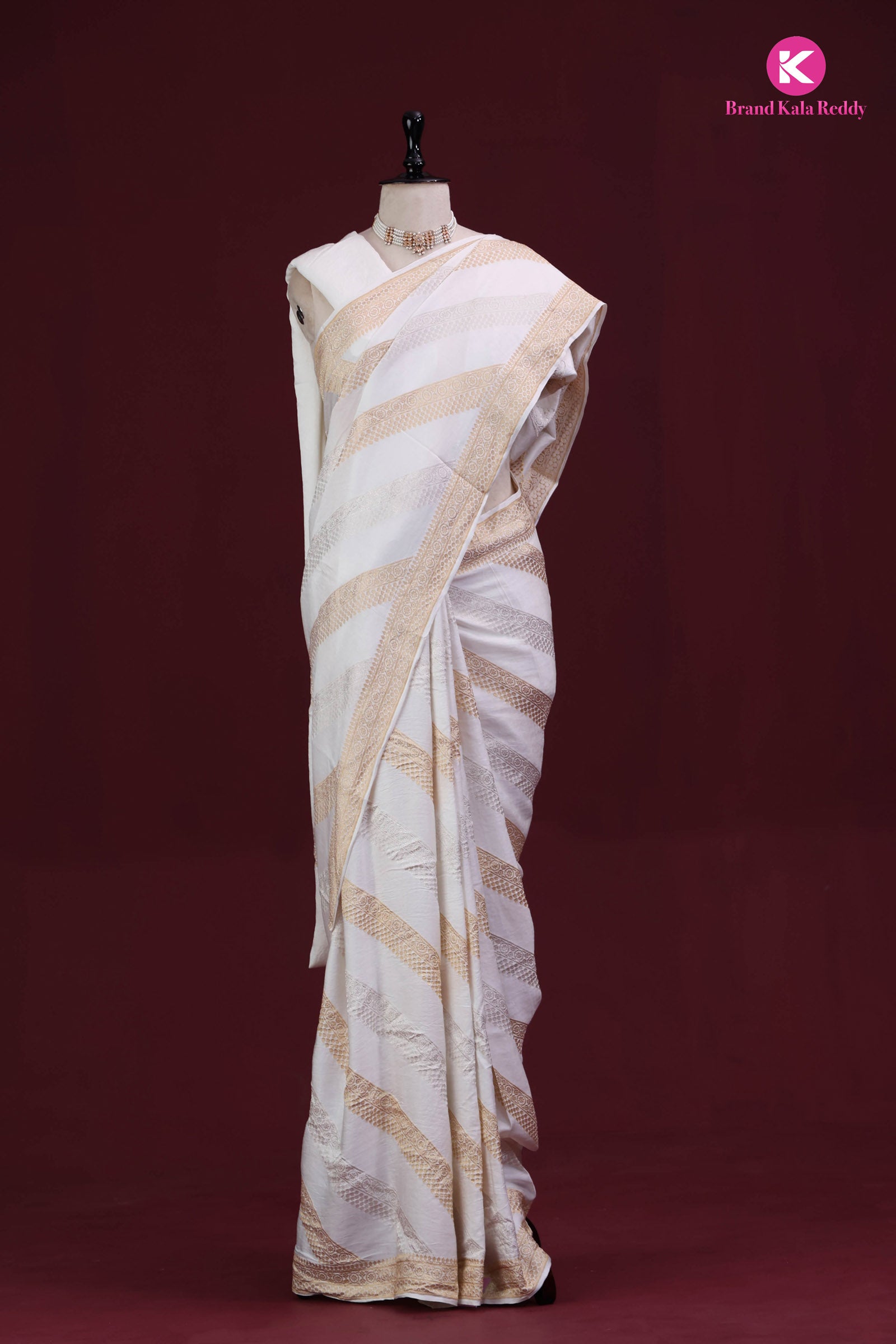 White Georgette Banarasi Silk Saree with Gold Stripes