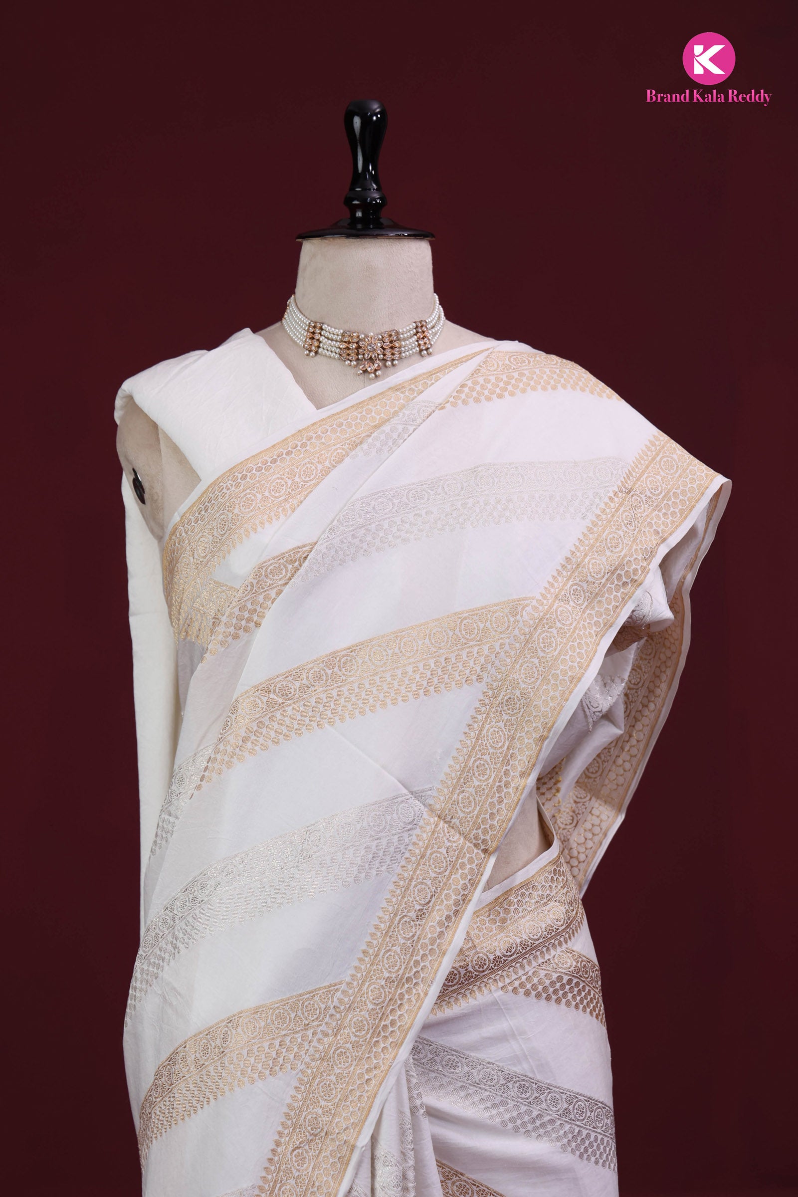 White Georgette Banarasi Silk Saree with Gold Stripes