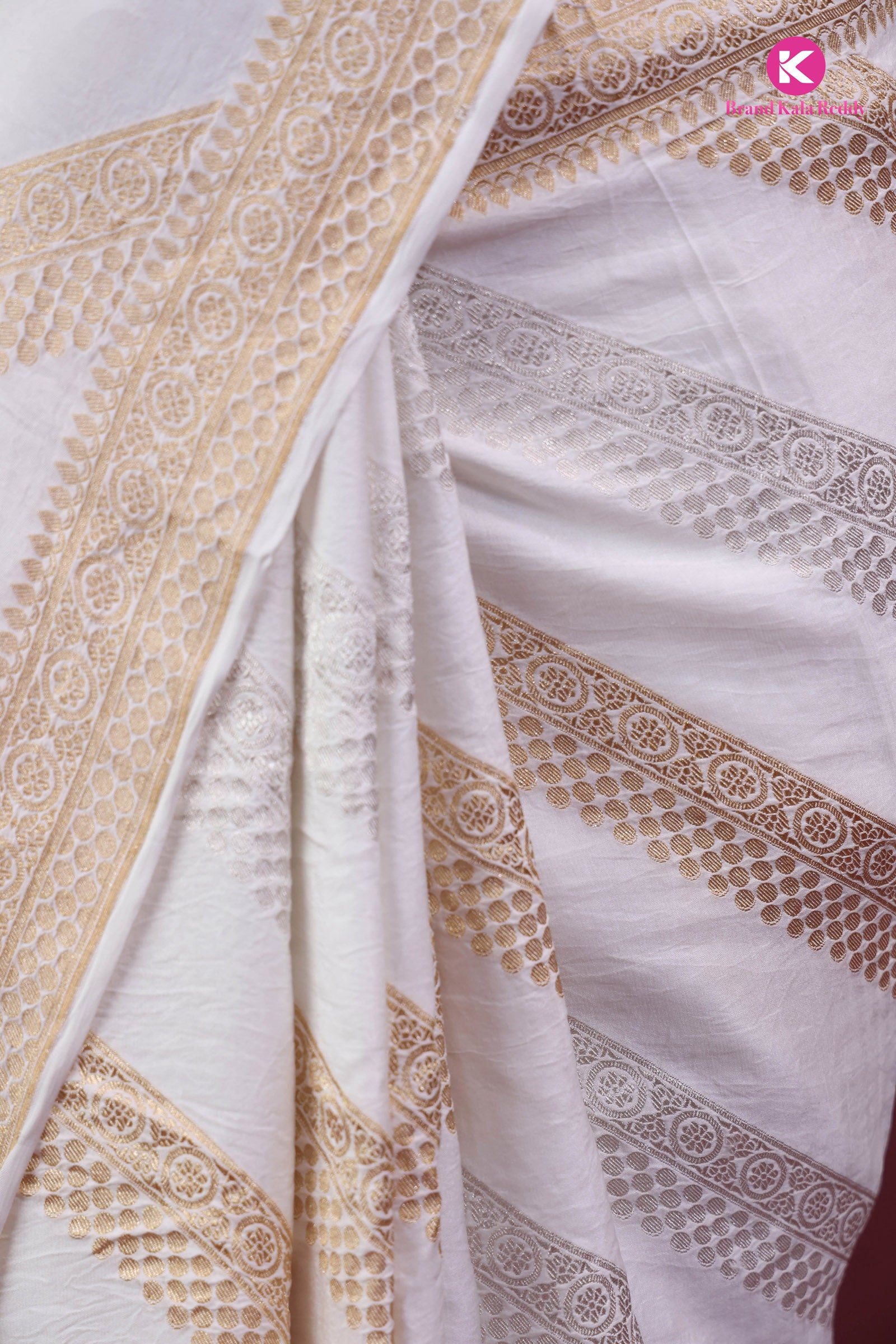 White Georgette Banarasi Silk Saree with Gold Stripes