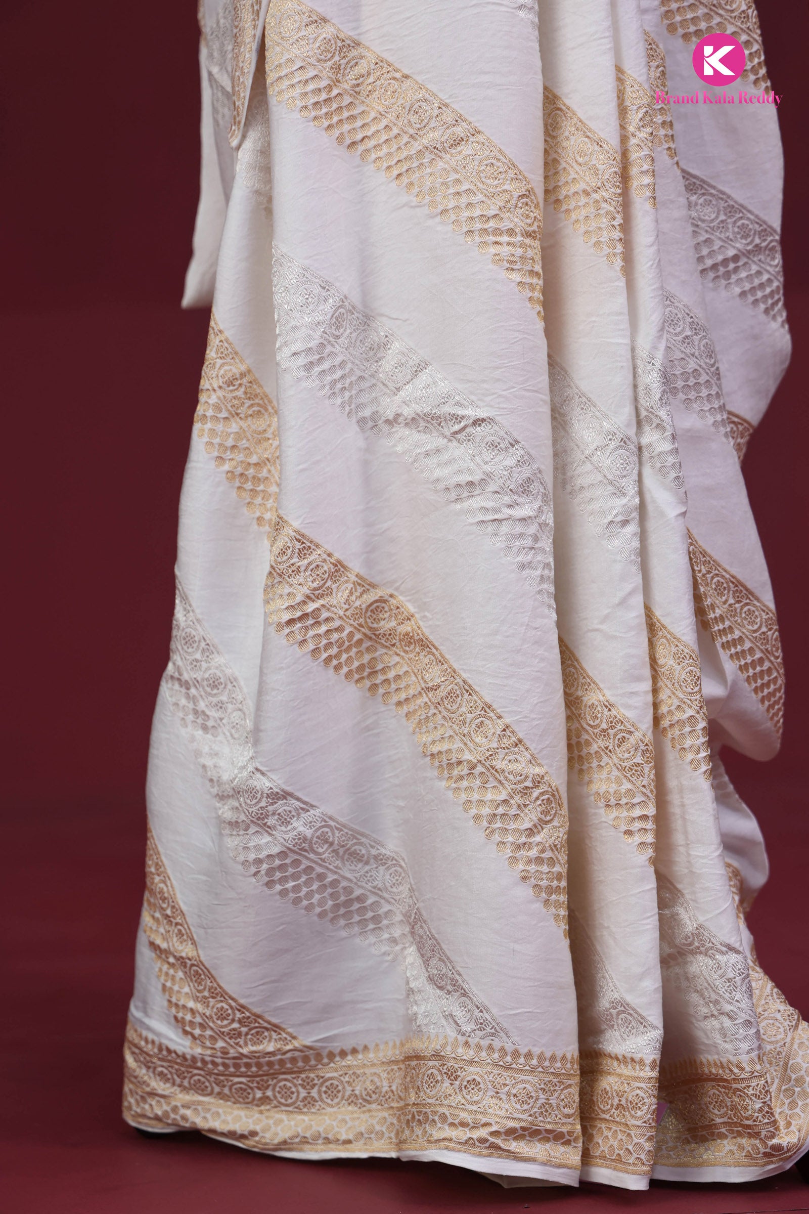 White Georgette Banarasi Silk Saree with Gold Stripes
