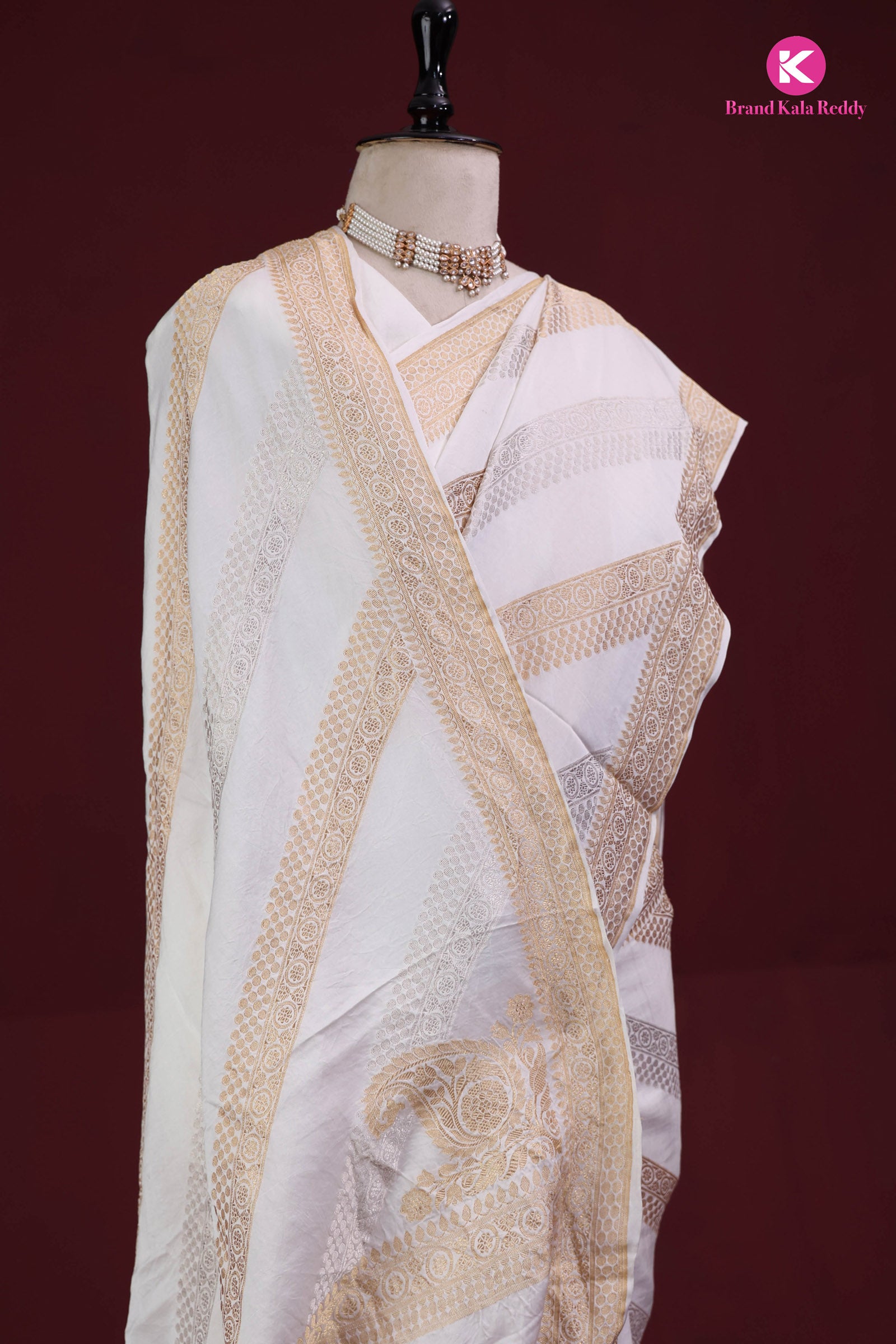 White Georgette Banarasi Silk Saree with Gold Stripes