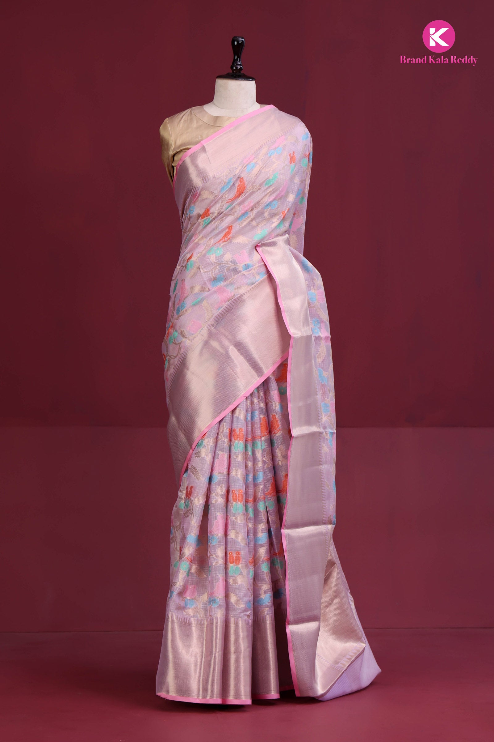 Pink Zari Kota Saree with Intricate Bird Motifs