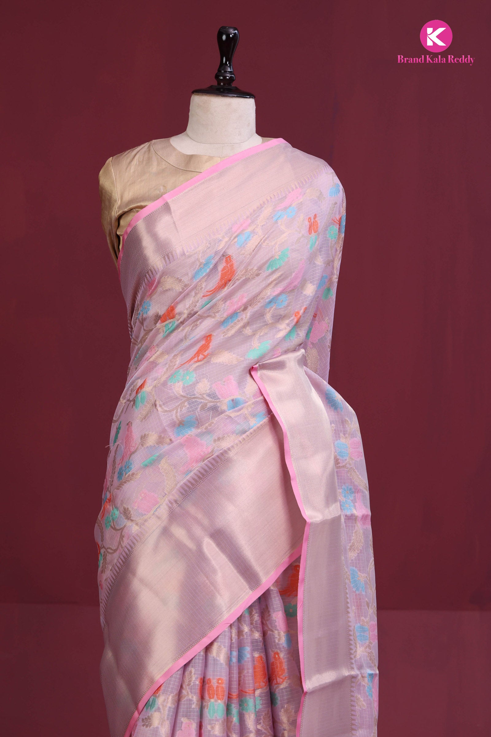 Pink Zari Kota Saree with Intricate Bird Motifs