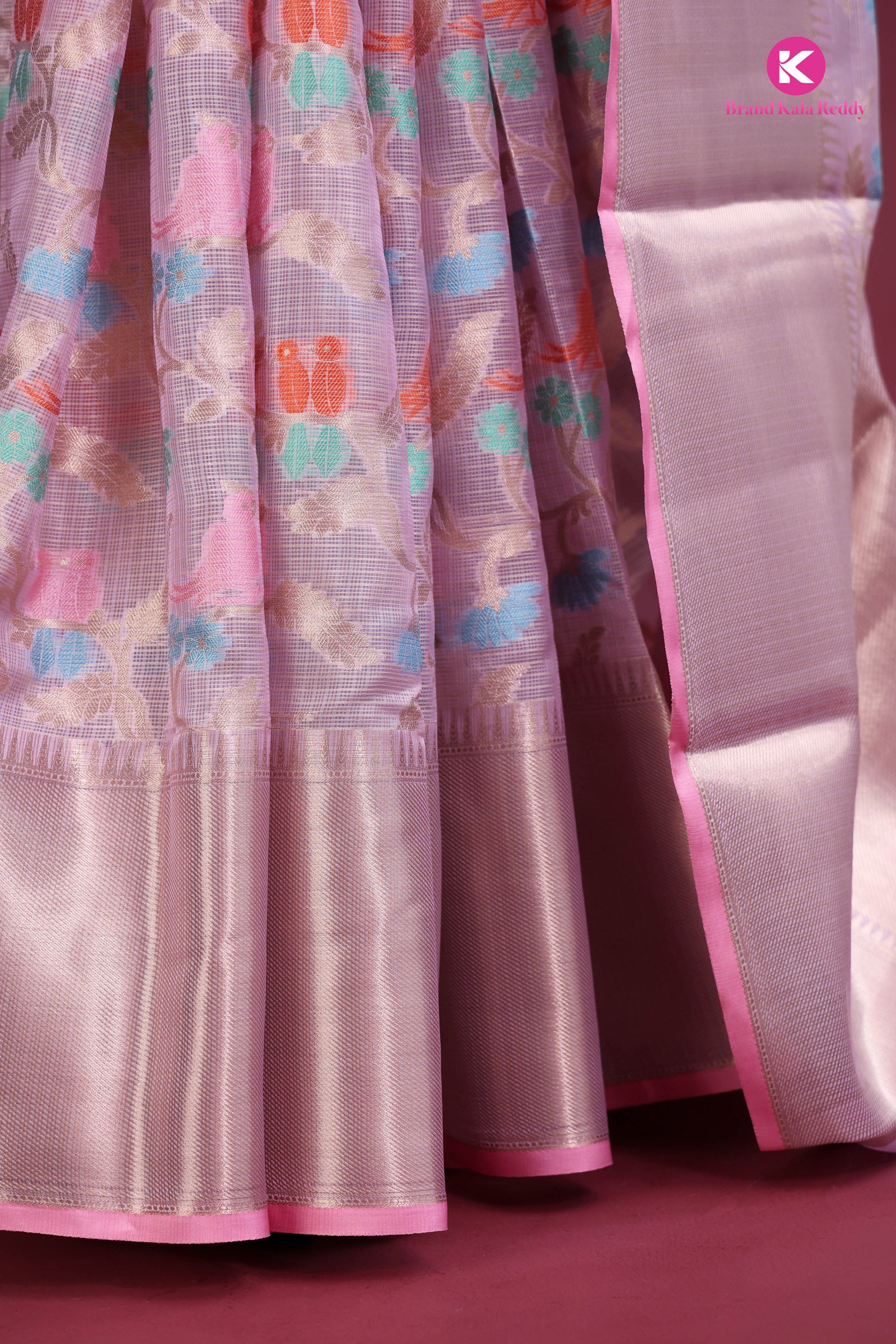 Pink Zari Kota Saree with Intricate Bird Motifs