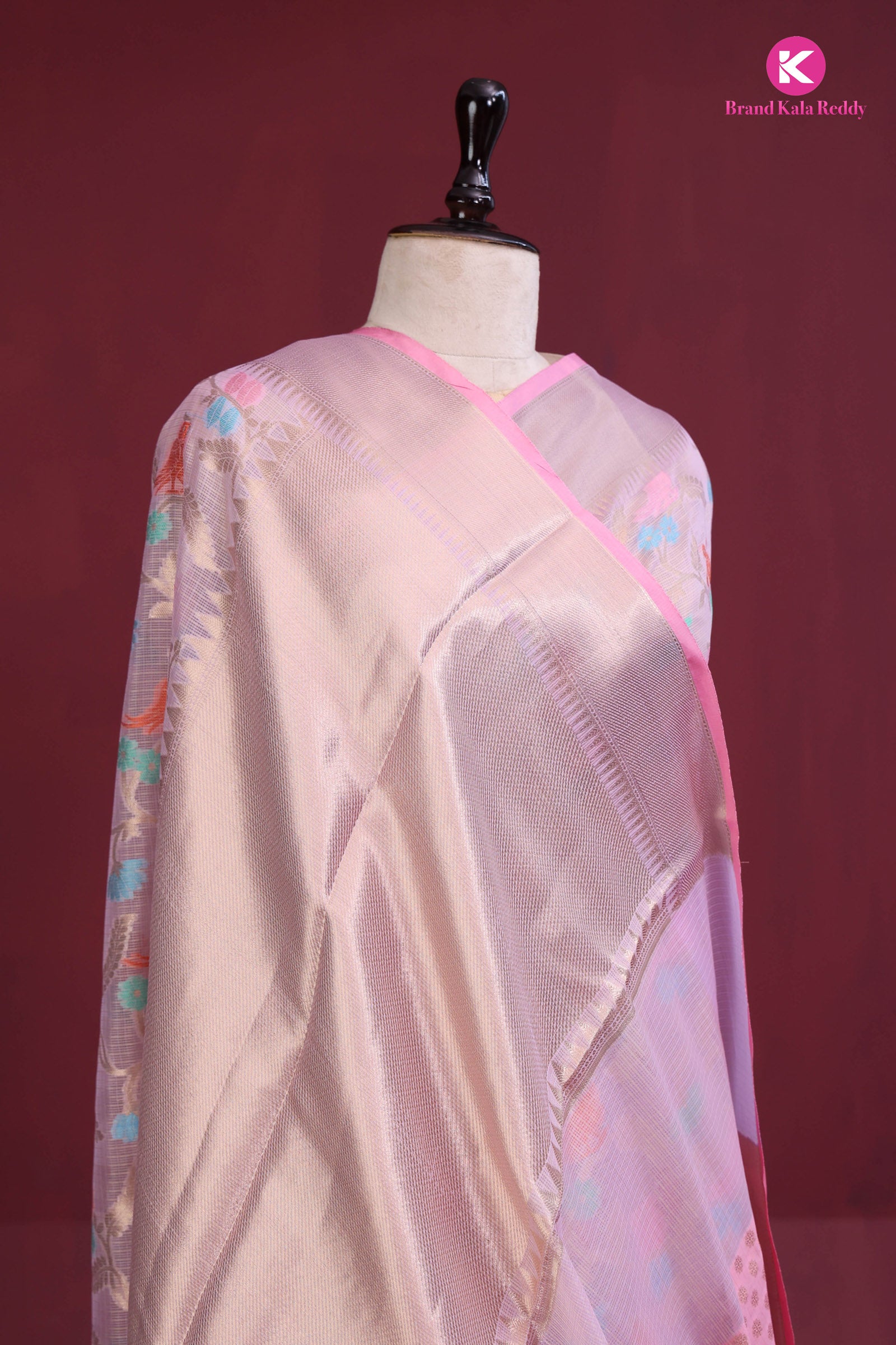 Pink Zari Kota Saree with Intricate Bird Motifs