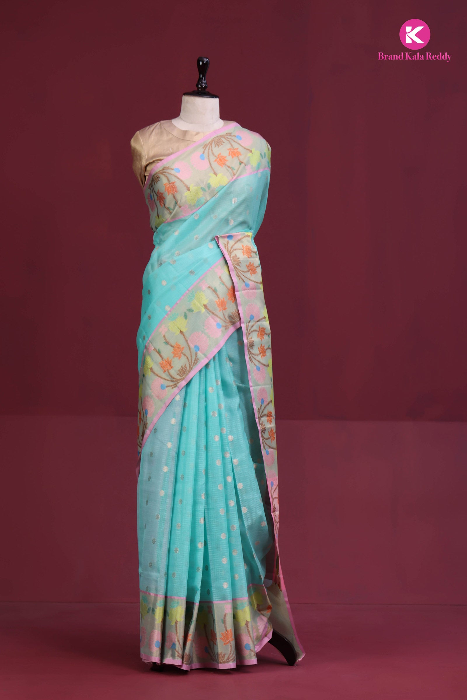 Cyan Blue Zari Kota Silk Saree with Flower Zari Border