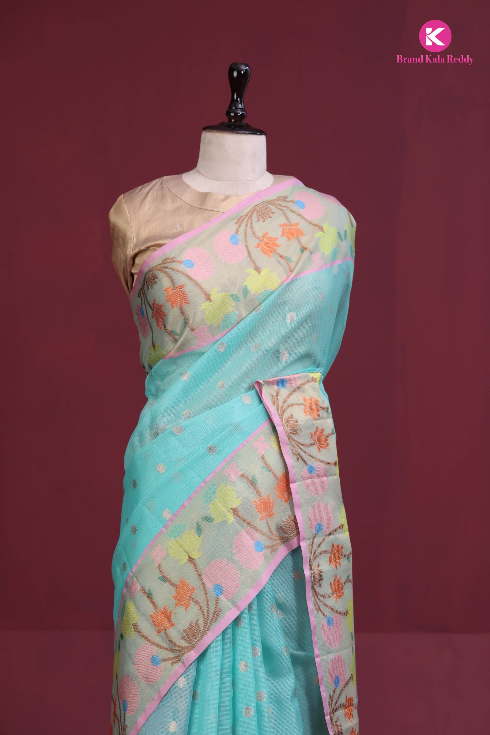 Cyan Blue Zari Kota Silk Saree with Flower Zari Border
