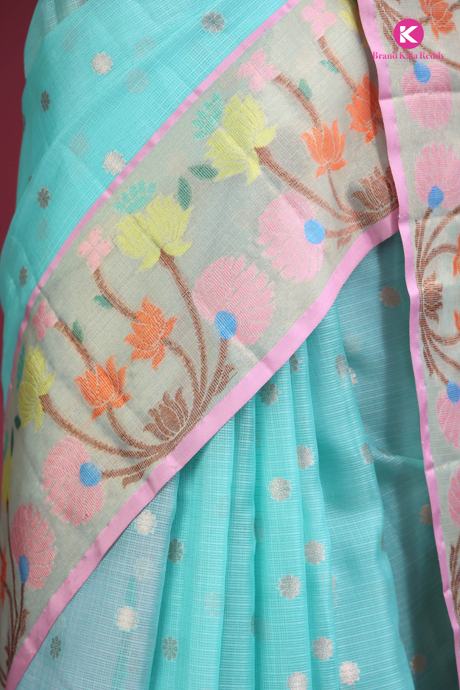 Cyan Blue Zari Kota Silk Saree with Flower Zari Border
